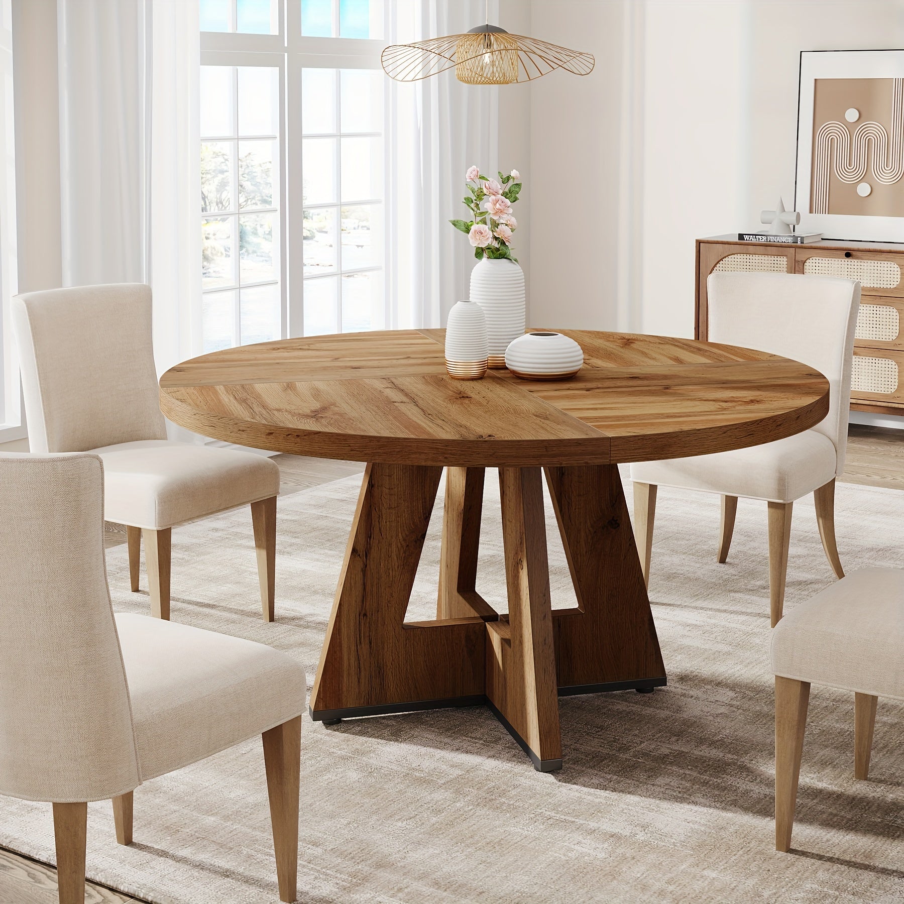 47-Inch Round Farmhouse Dining Table Suitable for 4 - Rustic Wood Table with Heavy-Duty Metal Base, MDF Top & Wood - Assembly Countryside Dinner Table, Dining Room or \u002FOutdoor Use