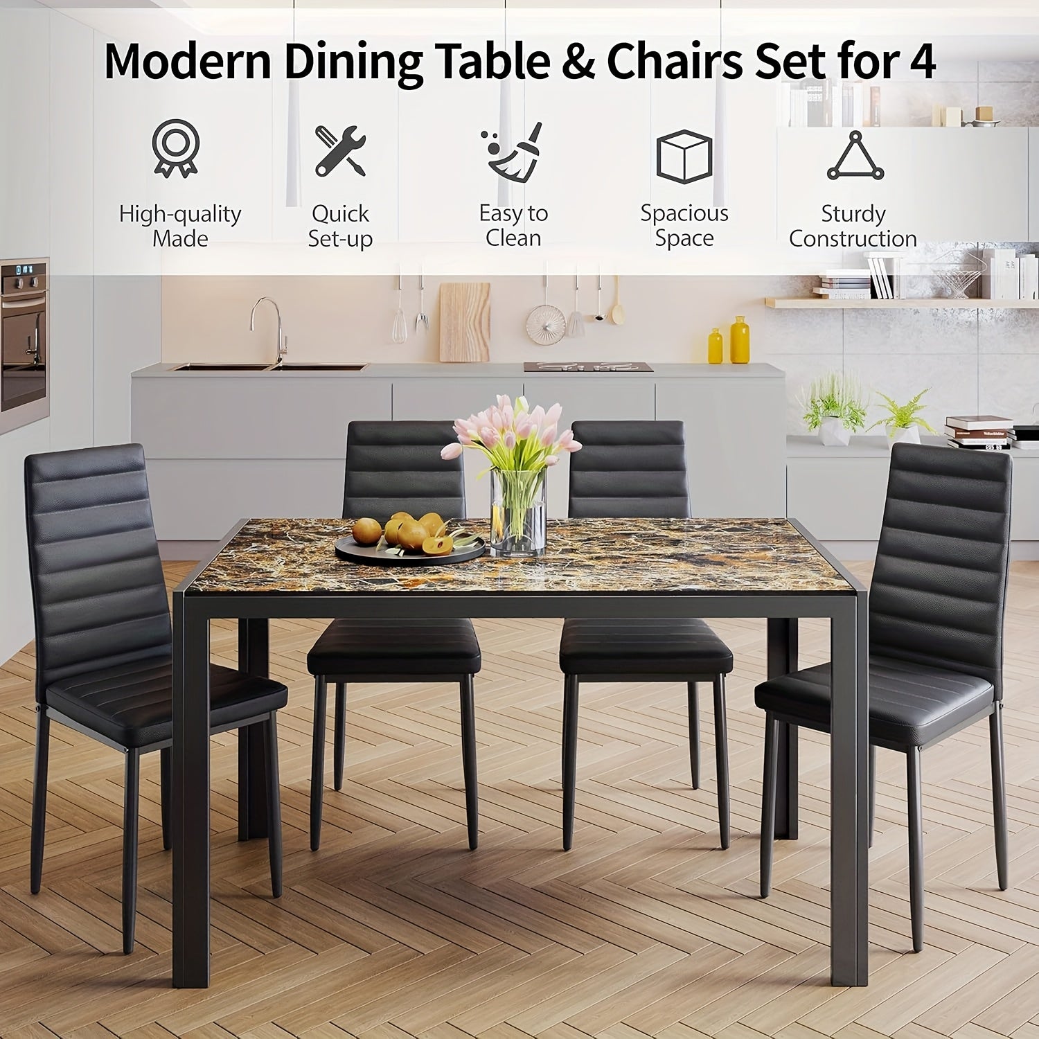 Set of 5 Glass Dining Table with Chairs for 4, Modern PU Leather Furniture for Home, Kitchen, And Living Room in White