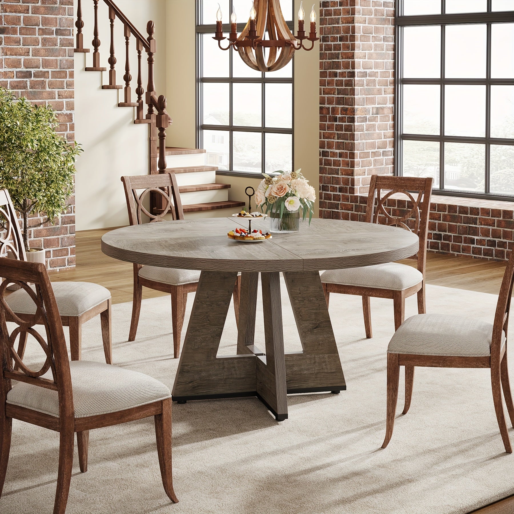 47-Inch Round Farmhouse Dining Table Suitable for 4 - Rustic Wood Table with Heavy-Duty Metal Base, MDF Top & Wood - Assembly Countryside Dinner Table, Dining Room or \u002FOutdoor Use