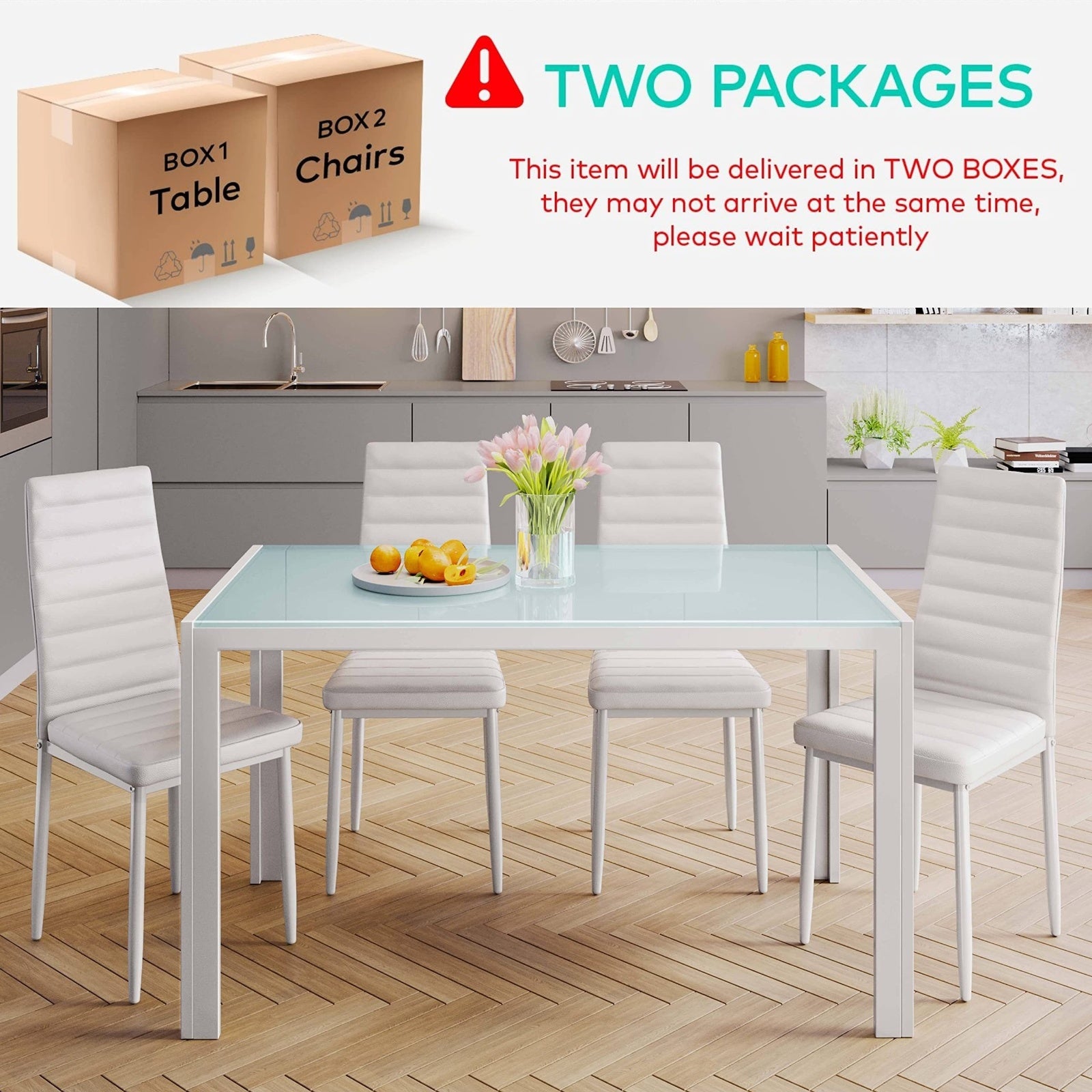 Set of 5 Glass Dining Table with Chairs for 4, Modern PU Leather Furniture for Home, Kitchen, And Living Room in White