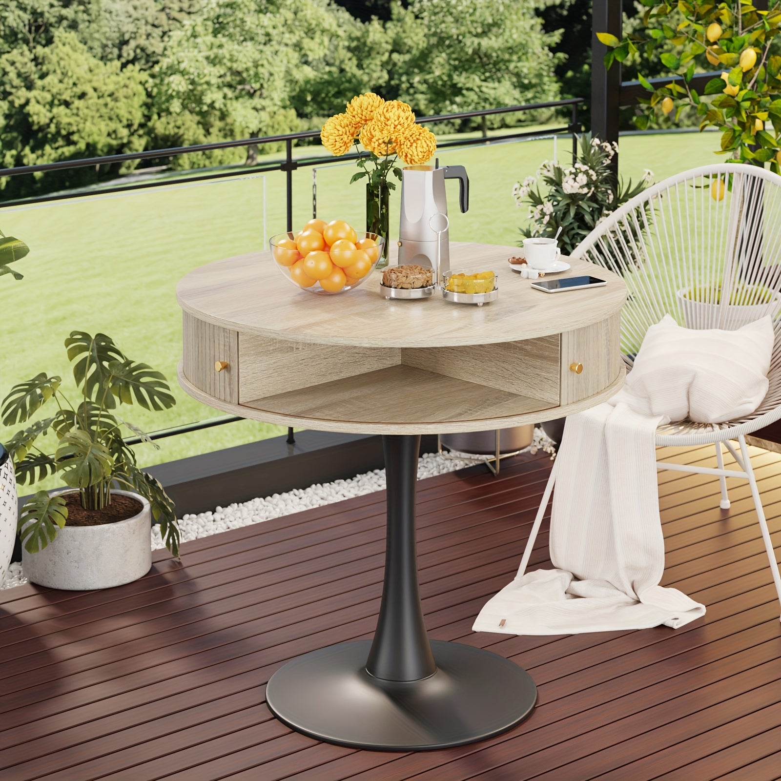 31.5-inch Round Dining Table | Suitable for 2-3 People, Farmhouse-style Wooden Kitchen Table with Mid-century Modern Design, Metal Base, Two Sliding Doors, Four Hidden Storage Compartments, Ideal for Small Spaces, Apartments, Cafes