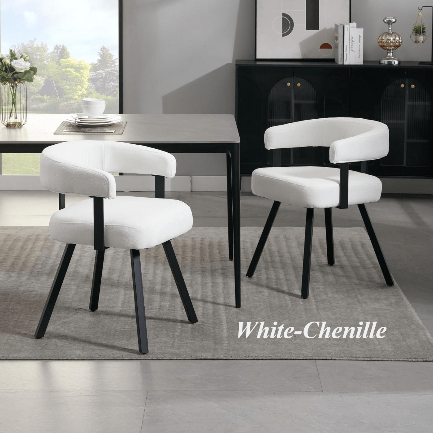 2Pcs Modern Simple and Elegant Bucket Shaped Dining Chairs, PU Chenille Cushioned Dining Chairs with Armrests, Comfortable Kitchen Chairs with Black Metal Legs, Suitable for Dining\u002F living Rooms
