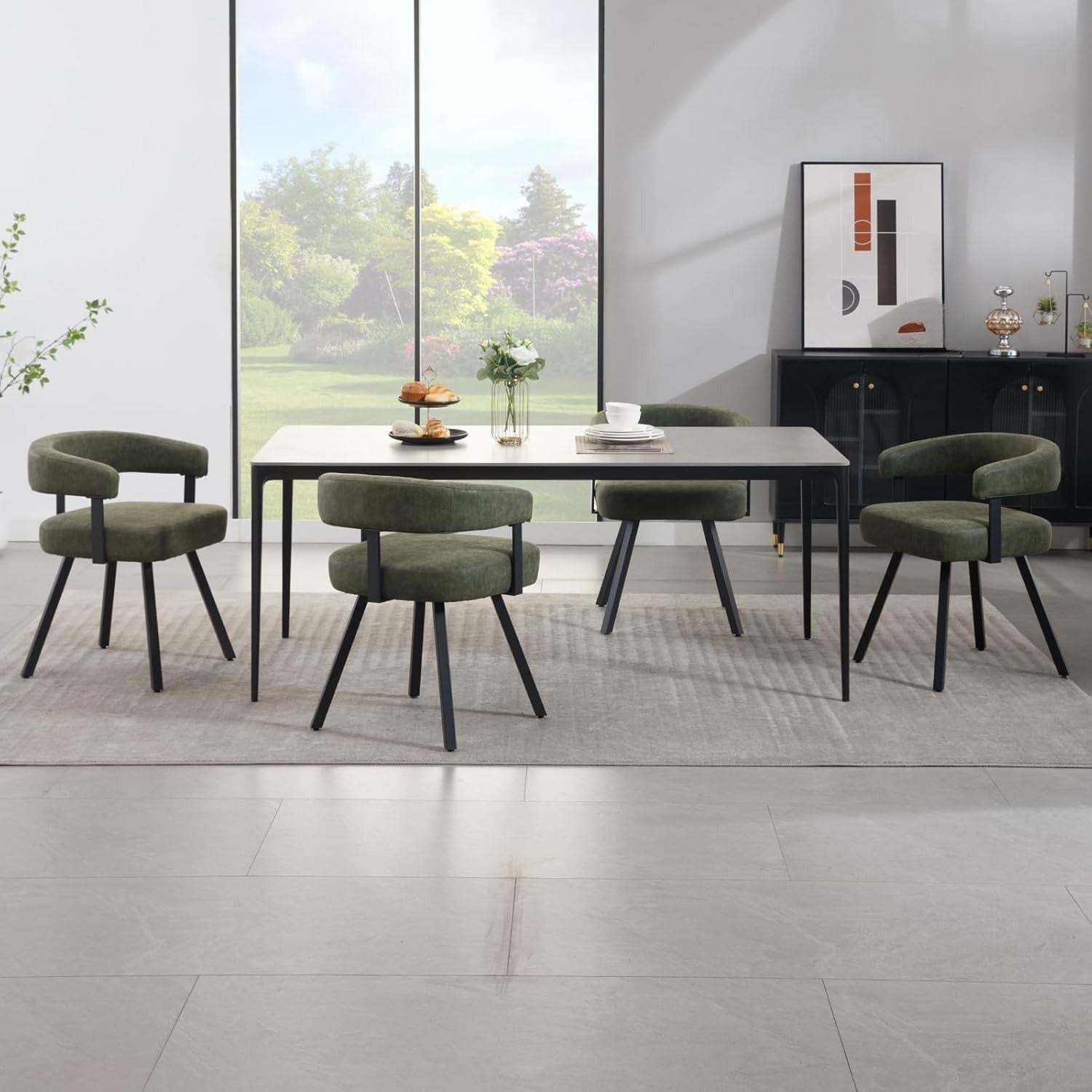 2Pcs Modern Simple and Elegant Bucket Shaped Dining Chairs, PU Chenille Cushioned Dining Chairs with Armrests, Comfortable Kitchen Chairs with Black Metal Legs, Suitable for Dining\u002F living Rooms