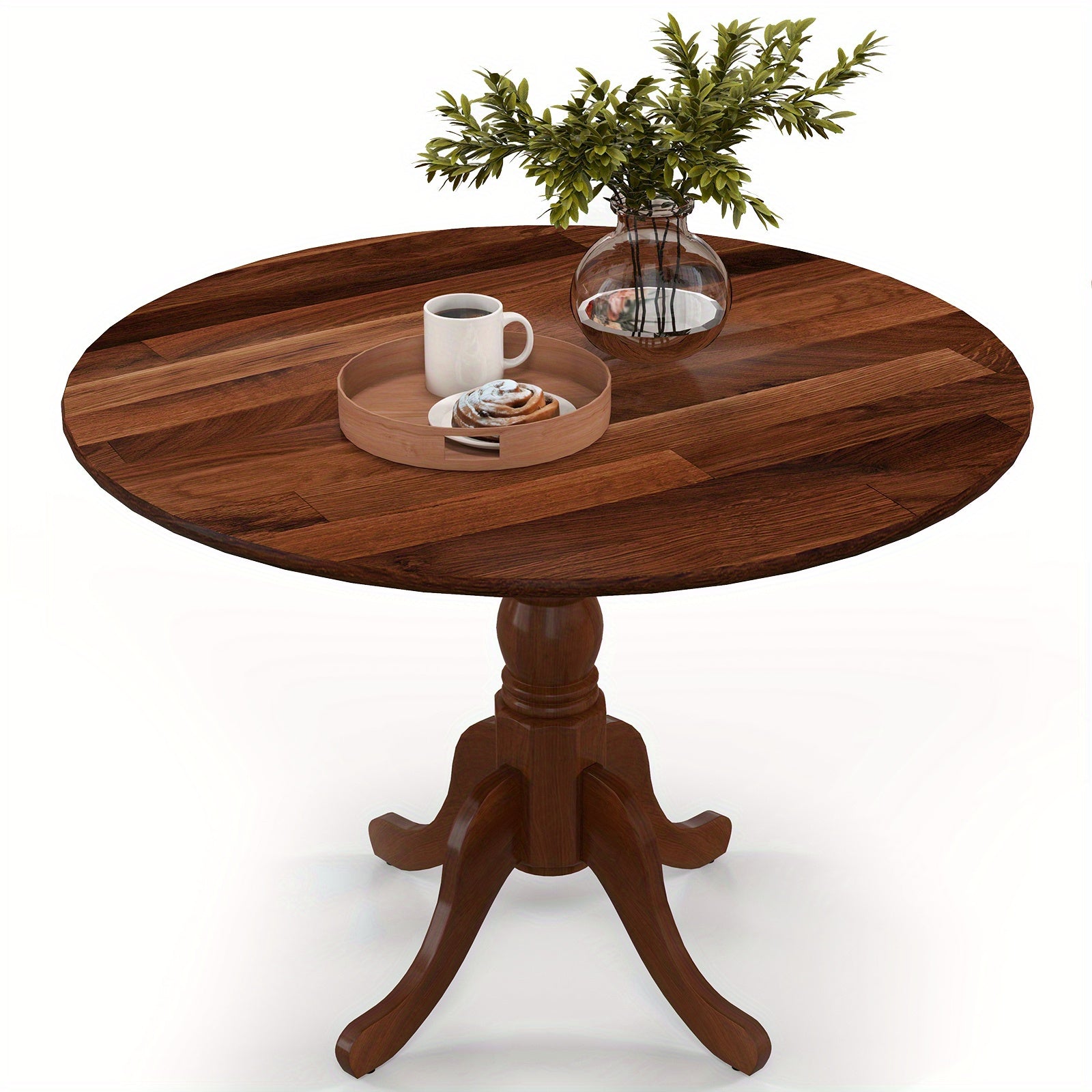 1pc MULTIGOT Mid-Century Rustic Round Dining Table, 4-Seater Solid Rubber Wood Frame with Curved Trestle Legs and Adjustable Foot Pads for Kitchen, Dining Room, Living Room