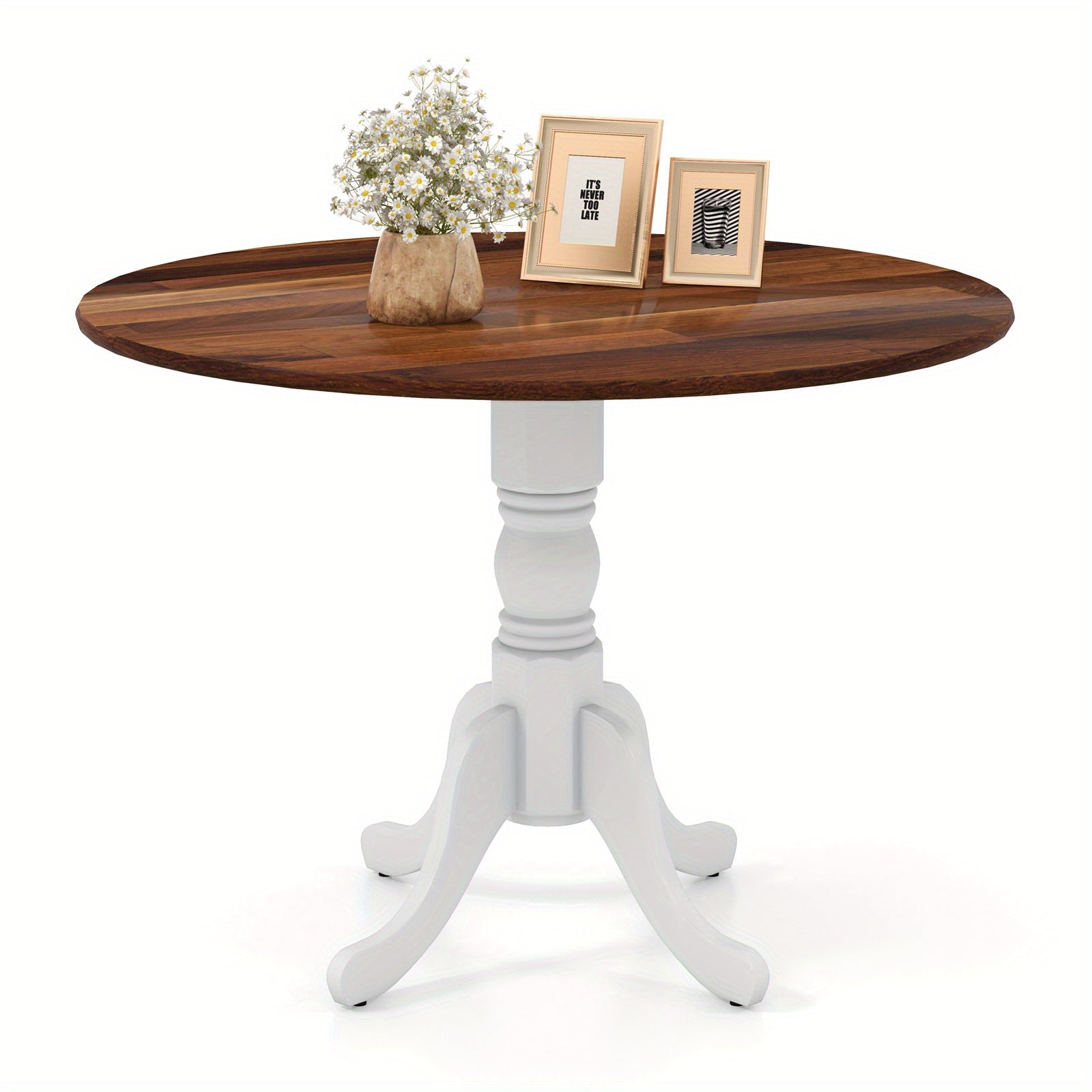 1pc MULTIGOT Mid-Century Rustic Round Dining Table, 4-Seater Solid Rubber Wood Frame with Curved Trestle Legs and Adjustable Foot Pads for Kitchen, Dining Room, Living Room