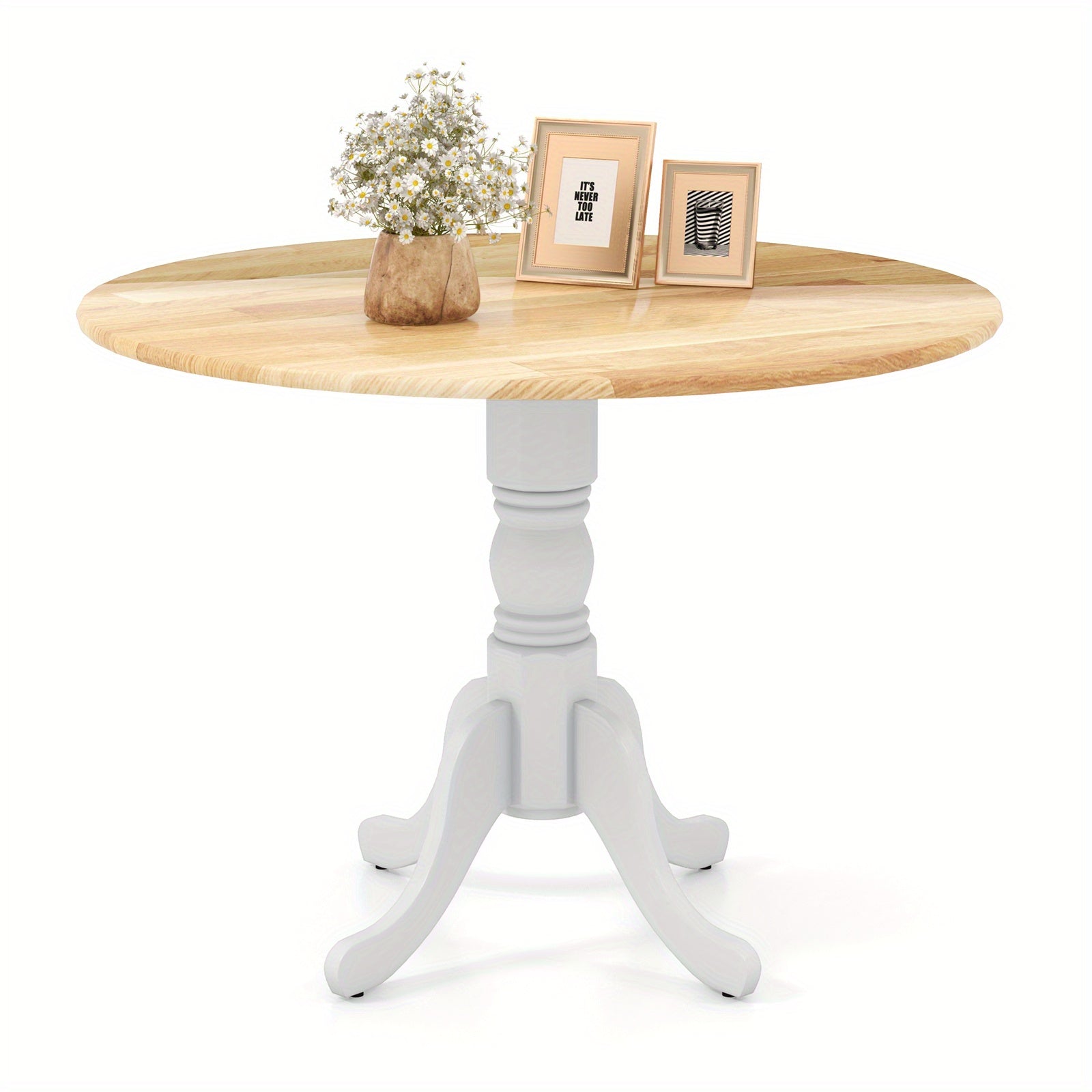 1pc MULTIGOT Mid-Century Rustic Round Dining Table, 4-Seater Solid Rubber Wood Frame with Curved Trestle Legs and Adjustable Foot Pads for Kitchen, Dining Room, Living Room