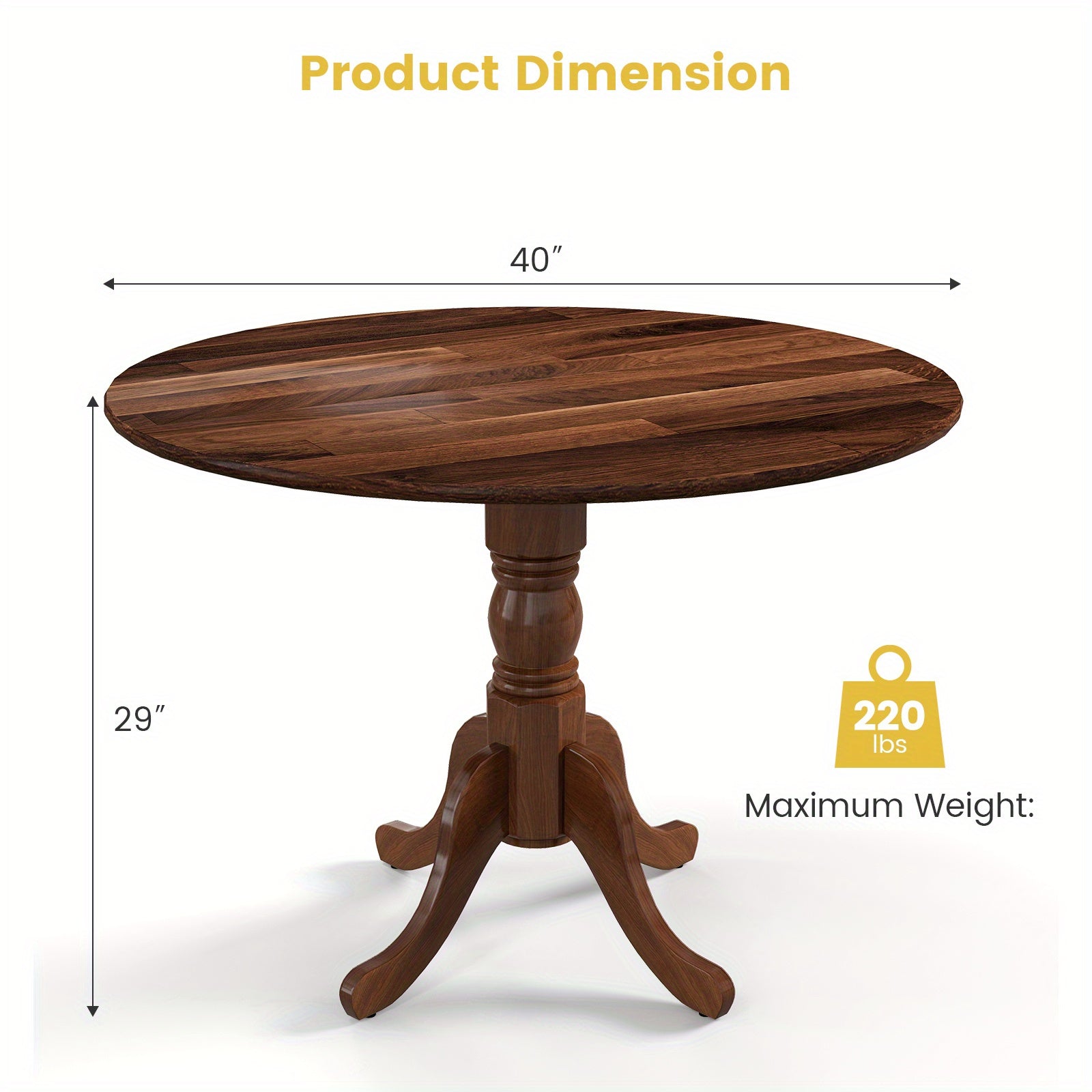 1pc MULTIGOT Mid-Century Rustic Round Dining Table, 4-Seater Solid Rubber Wood Frame with Curved Trestle Legs and Adjustable Foot Pads for Kitchen, Dining Room, Living Room
