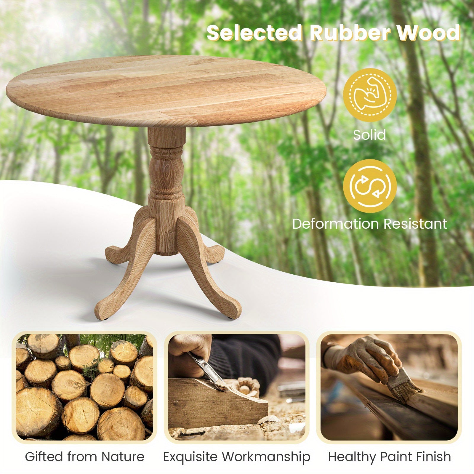 1pc MULTIGOT Mid-Century Rustic Round Dining Table, 4-Seater Solid Rubber Wood Frame with Curved Trestle Legs and Adjustable Foot Pads for Kitchen, Dining Room, Living Room