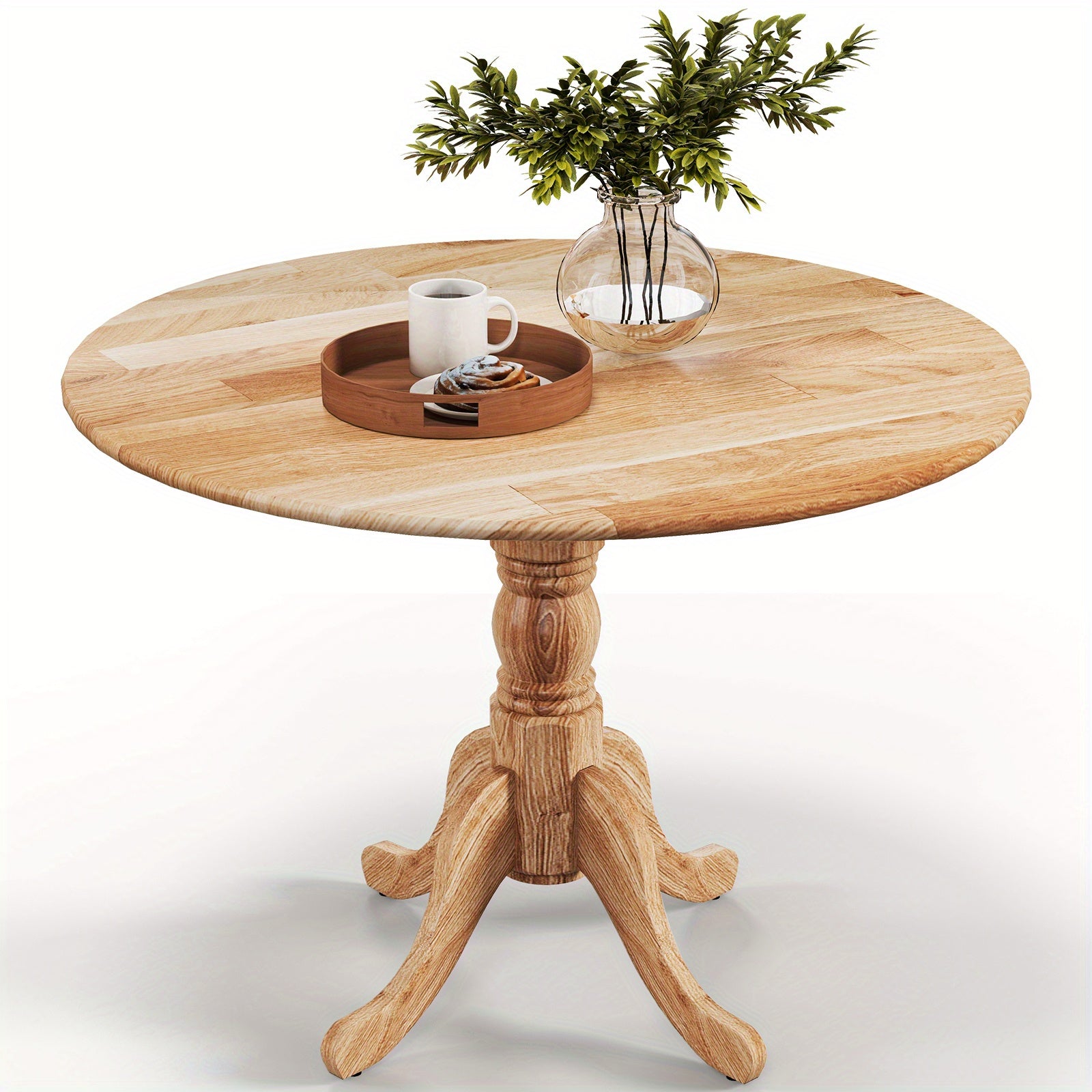 1pc MULTIGOT Mid-Century Rustic Round Dining Table, 4-Seater Solid Rubber Wood Frame with Curved Trestle Legs and Adjustable Foot Pads for Kitchen, Dining Room, Living Room