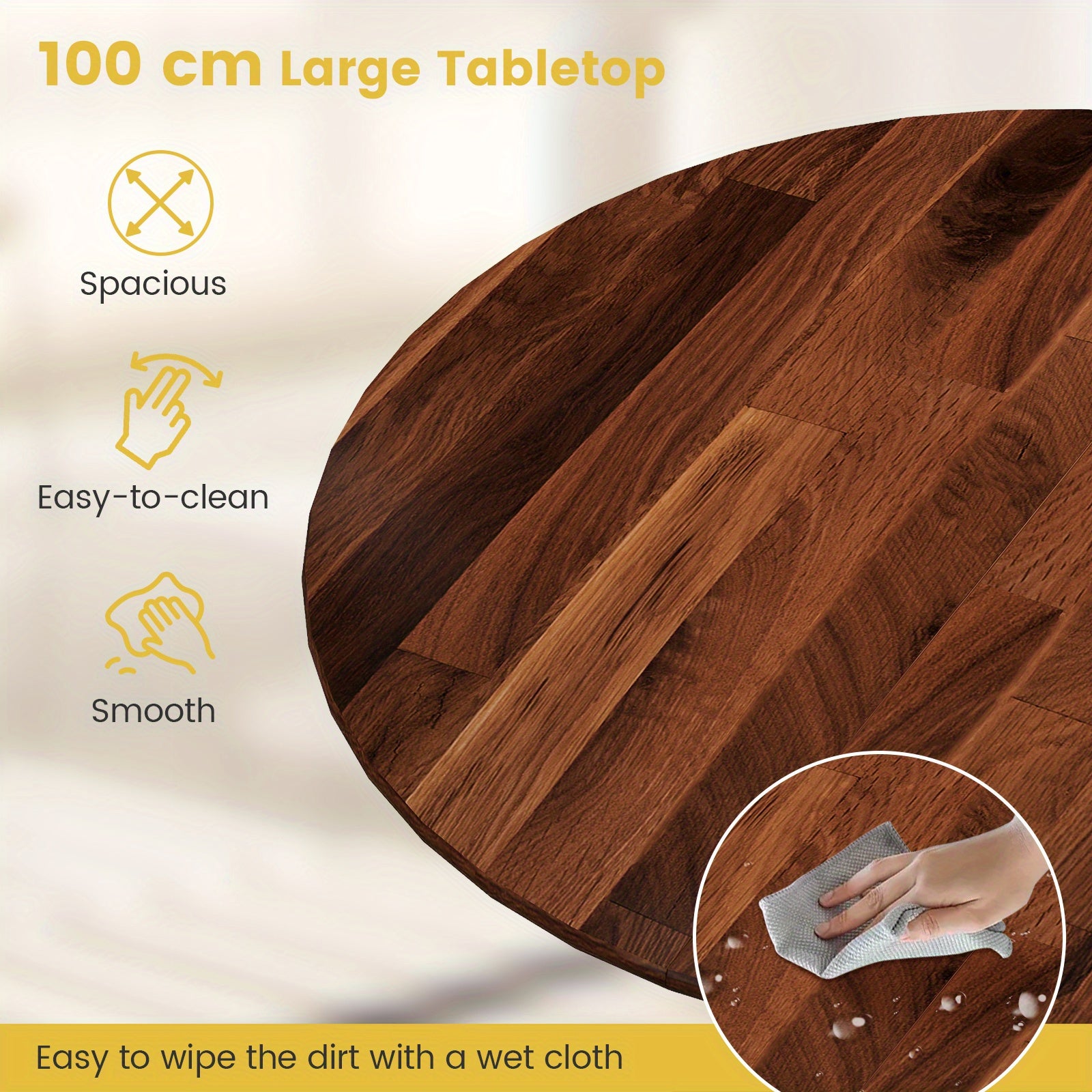 1pc MULTIGOT Mid-Century Rustic Round Dining Table, 4-Seater Solid Rubber Wood Frame with Curved Trestle Legs and Adjustable Foot Pads for Kitchen, Dining Room, Living Room