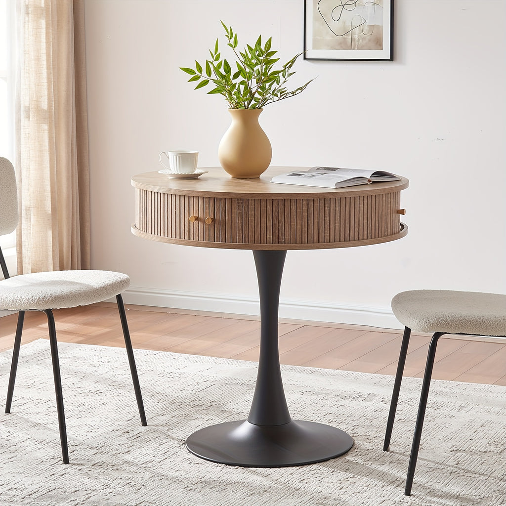 31.5-inch Round Dining Table | Suitable for 2-3 People, Farmhouse-style Wooden Kitchen Table with Mid-century Modern Design, Metal Base, Two Sliding Doors, Four Hidden Storage Compartments, Ideal for Small Spaces, Apartments, Cafes