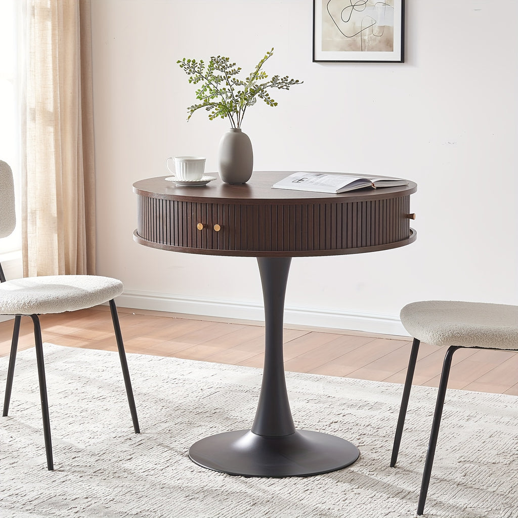 31.5-inch Round Dining Table | Suitable for 2-3 People, Farmhouse-style Wooden Kitchen Table with Mid-century Modern Design, Metal Base, Two Sliding Doors, Four Hidden Storage Compartments, Ideal for Small Spaces, Apartments, Cafes