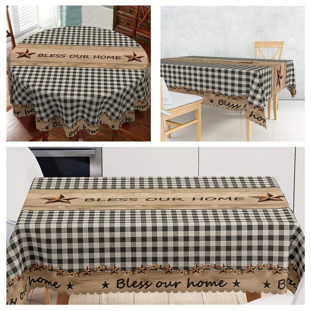 1pc Farmhouse Style Vintage Country Star Black Plaid | Decorative Dining Cloth, Polyester, Round & Rectangular Tablecloth, Indoor\u002FOutdoor, Stain &, Wrinkle-Free, Easy Care, Edge Embossed, Washable, Suitable for Dinner Party, Wedding, Home