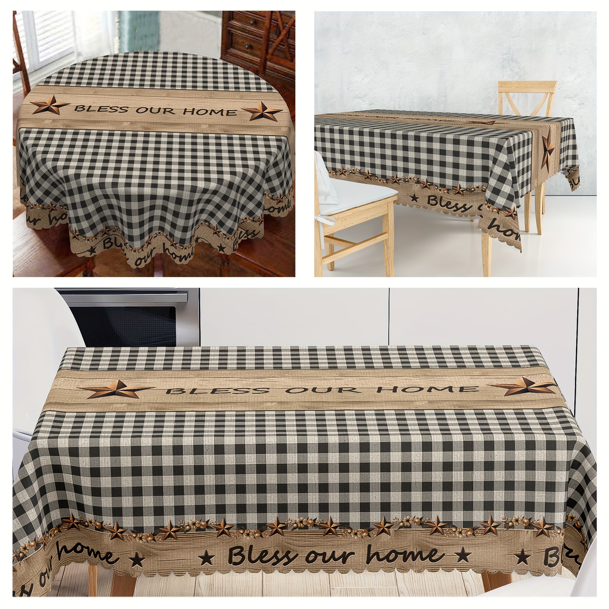 1pc Farmhouse Style Vintage Country Star Black Plaid | Decorative Dining Cloth, Polyester, Round & Rectangular Tablecloth, Indoor\u002FOutdoor, Stain &, Wrinkle-Free, Easy Care, Edge Embossed, Washable, Suitable for Dinner Party, Wedding, Home