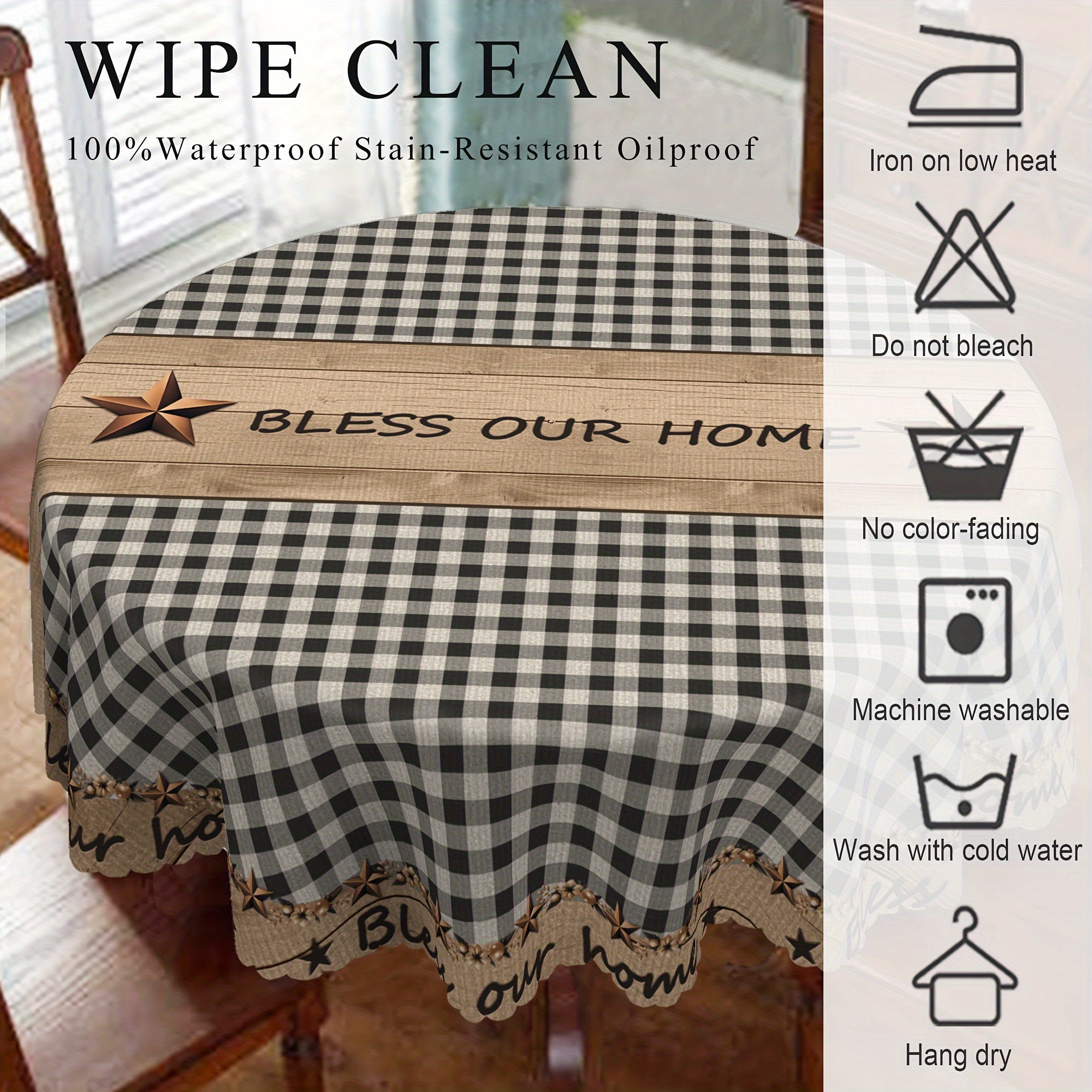 1pc Farmhouse Style Vintage Country Star Black Plaid | Decorative Dining Cloth, Polyester, Round & Rectangular Tablecloth, Indoor\u002FOutdoor, Stain &, Wrinkle-Free, Easy Care, Edge Embossed, Washable, Suitable for Dinner Party, Wedding, Home