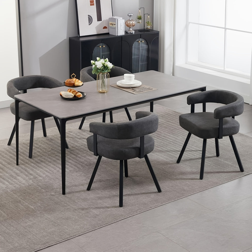 2Pcs Modern Simple and Elegant Bucket Shaped Dining Chairs, PU Chenille Cushioned Dining Chairs with Armrests, Comfortable Kitchen Chairs with Black Metal Legs, Suitable for Dining\u002F living Rooms