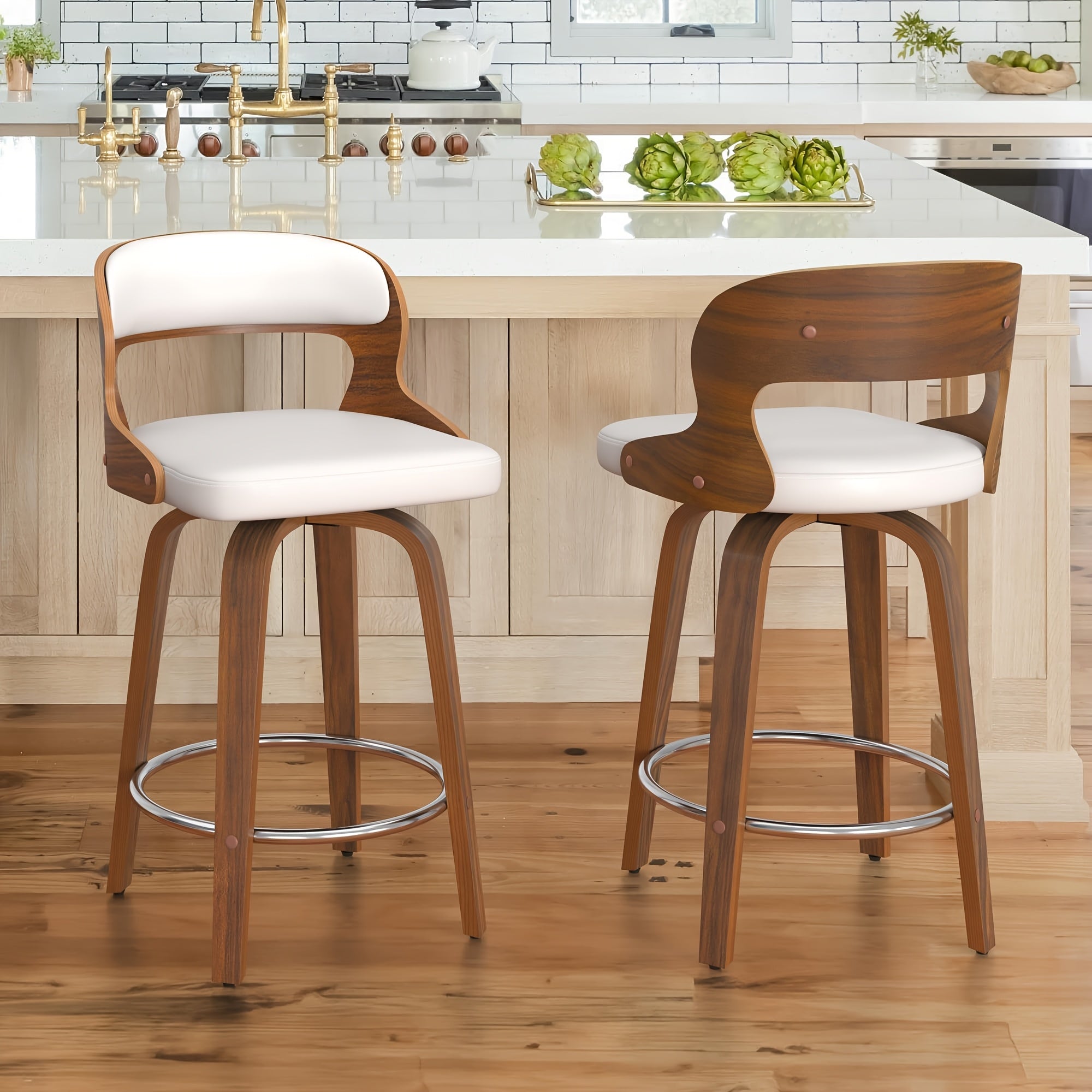White\u002FBeige Dining Chair, 26-inch Faux Leather Swivel Dining Chair, 360° Swivel Dining Chair, With Backrest, Suitable For Kitchen, Living Room, Dining Room