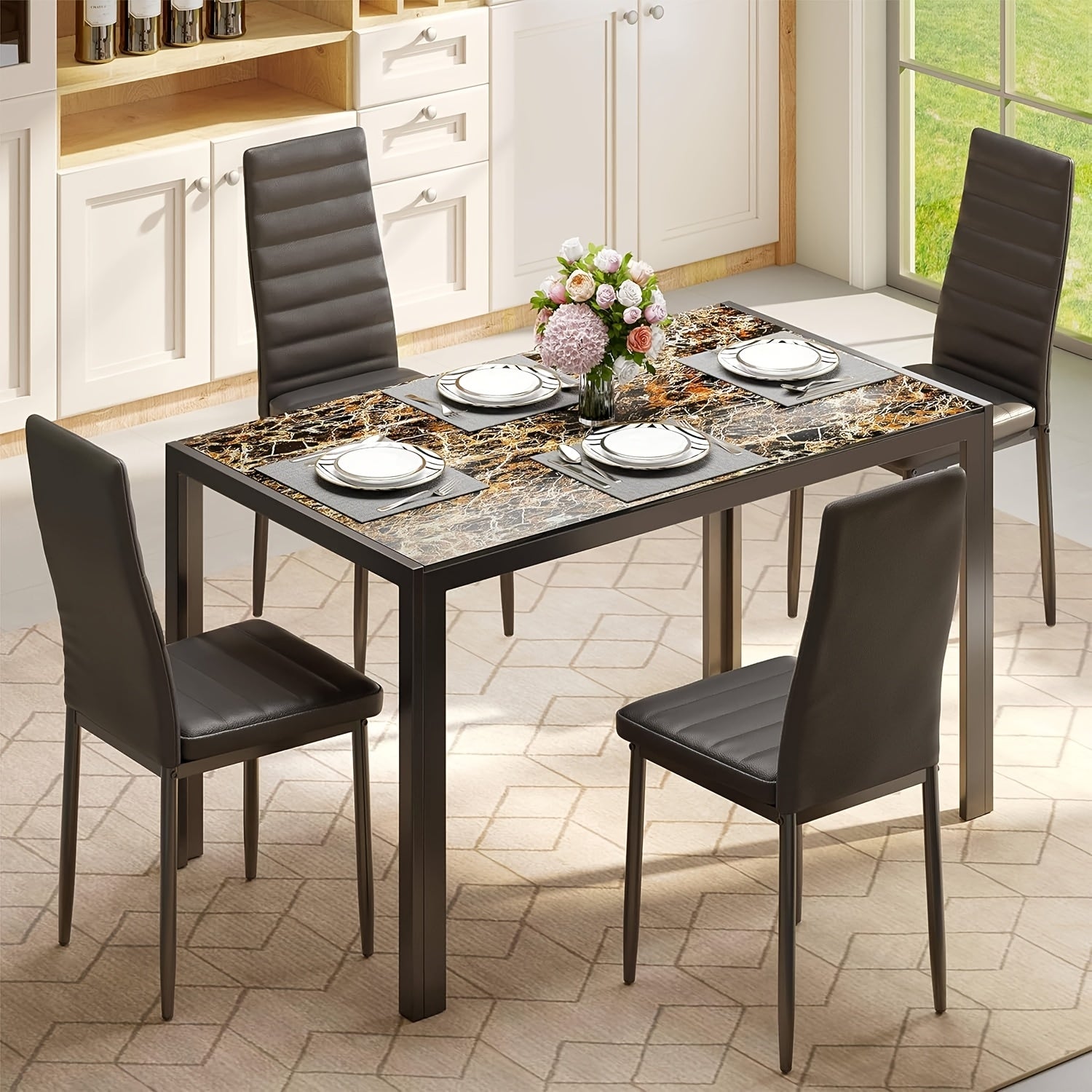 Set of 5 Glass Dining Table with Chairs for 4, Modern PU Leather Furniture for Home, Kitchen, And Living Room in White