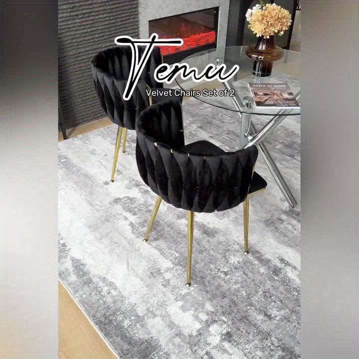 Velvet Dining Chairs Set of 2, Accent Chairs With Golden Metal Legs, Woven Upholstered, For Living Room\u002FBedroom\u002FKitchen