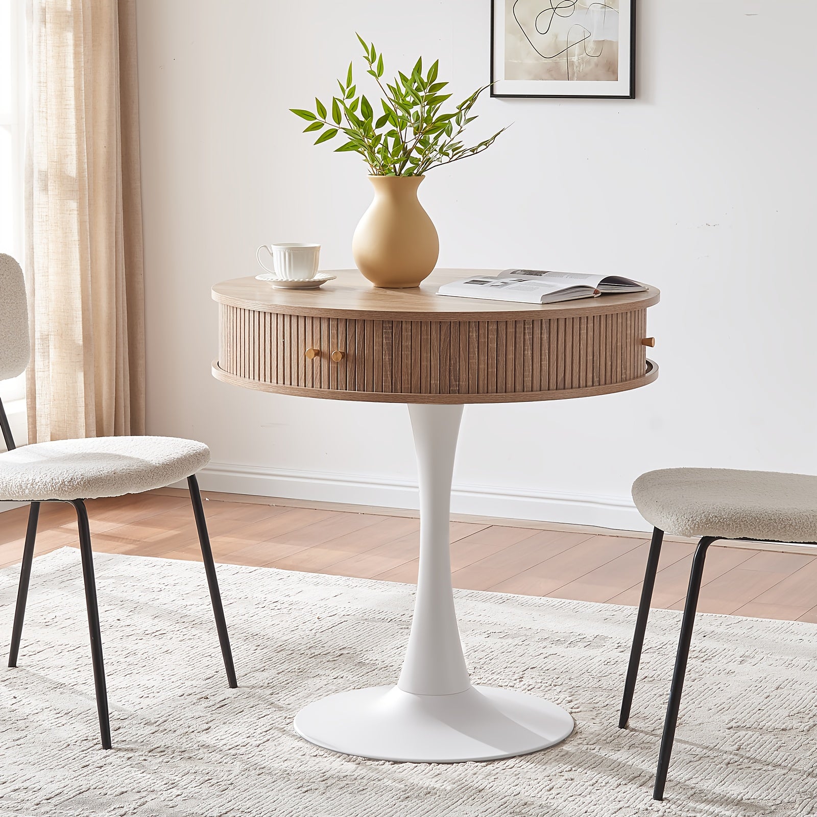 31.5-inch Round Dining Table | Suitable for 2-3 People, Farmhouse-style Wooden Kitchen Table with Mid-century Modern Design, Metal Base, Two Sliding Doors, Four Hidden Storage Compartments, Ideal for Small Spaces, Apartments, Cafes
