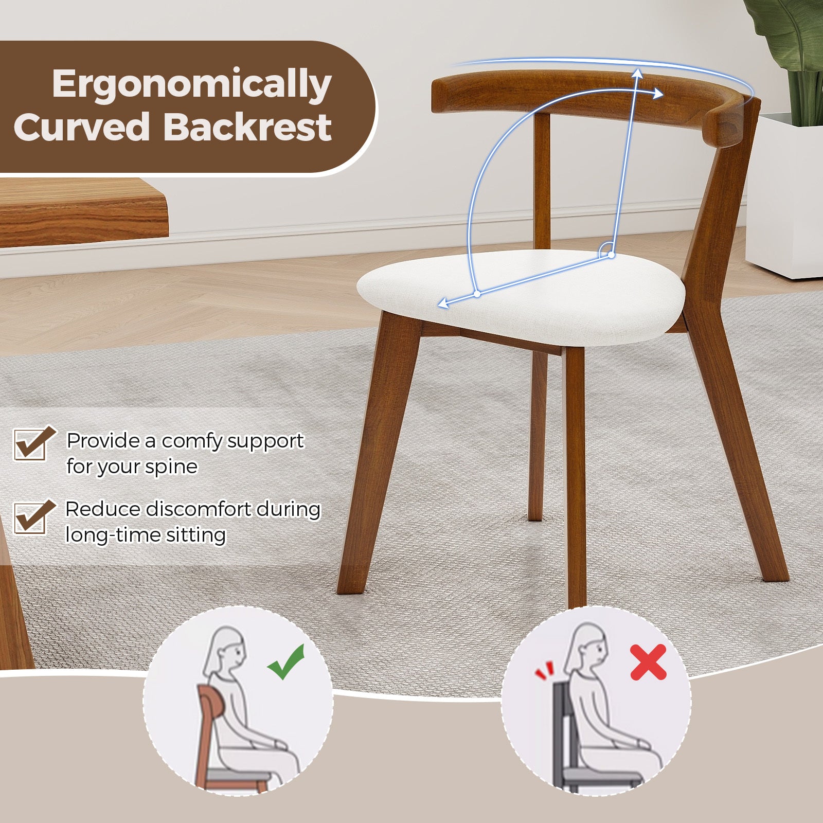 MULTIGOT Wood Dining Chair Set of 2\u002F 4, Space-Saving Hanging Upholstered Kitchen Chairs w\u002F Padded Seat & Curved Back, Farmhouse Armless Side Chairs for Living Room Dining Room Apartment