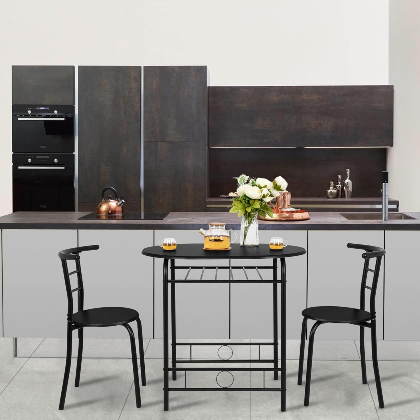 Bonnlo Minimalist 3-Piece Iron Dining Set for 2, Wooden Table and 2 Chairs Ideal for Small Kitchen, Dining Room, Apartment, Balcony & Coffee Nook, Breakfast & Negotiation Table with Storage Shelf, Metal Frame