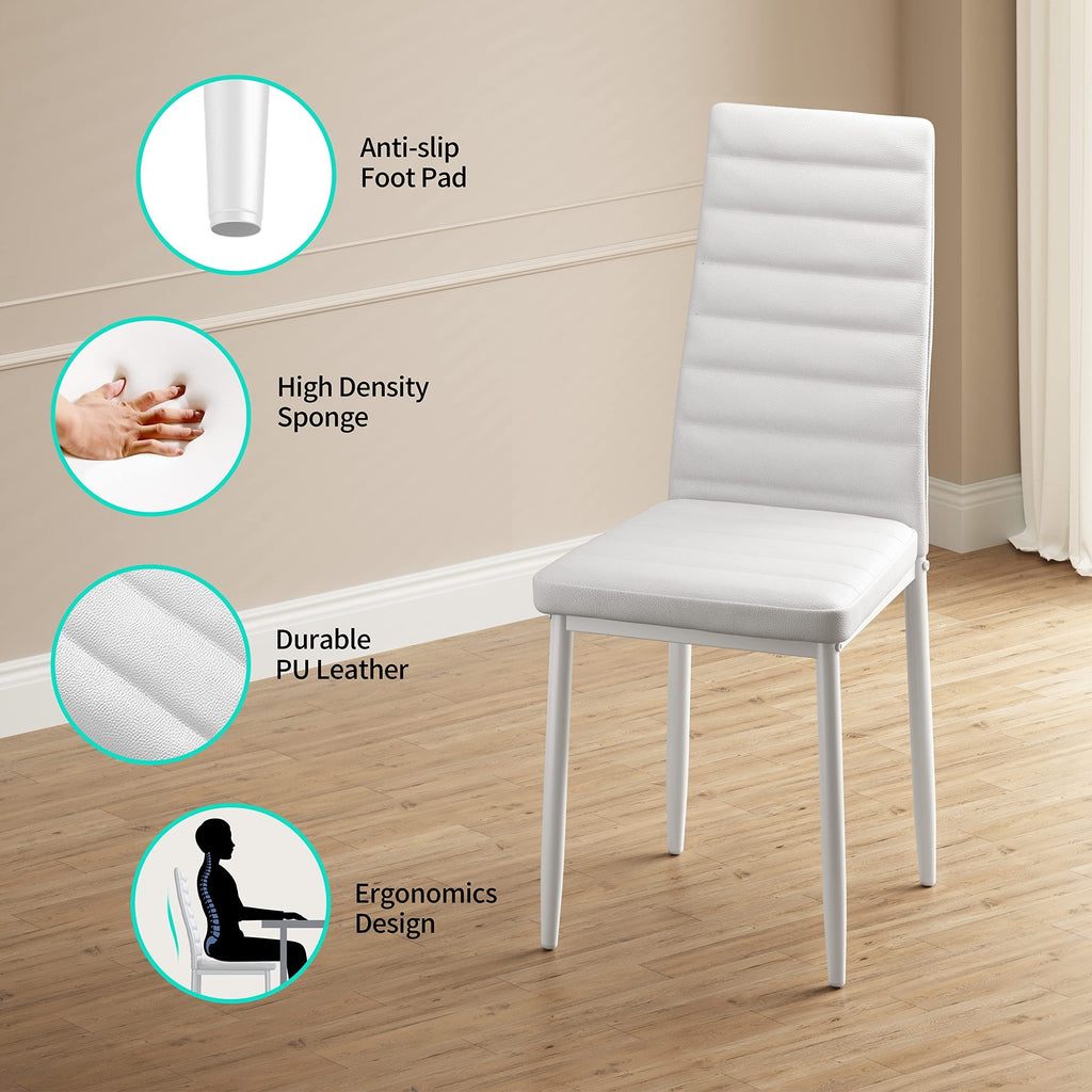 Set of 5 Glass Dining Table with Chairs for 4, Modern PU Leather Furniture for Home, Kitchen, And Living Room in White