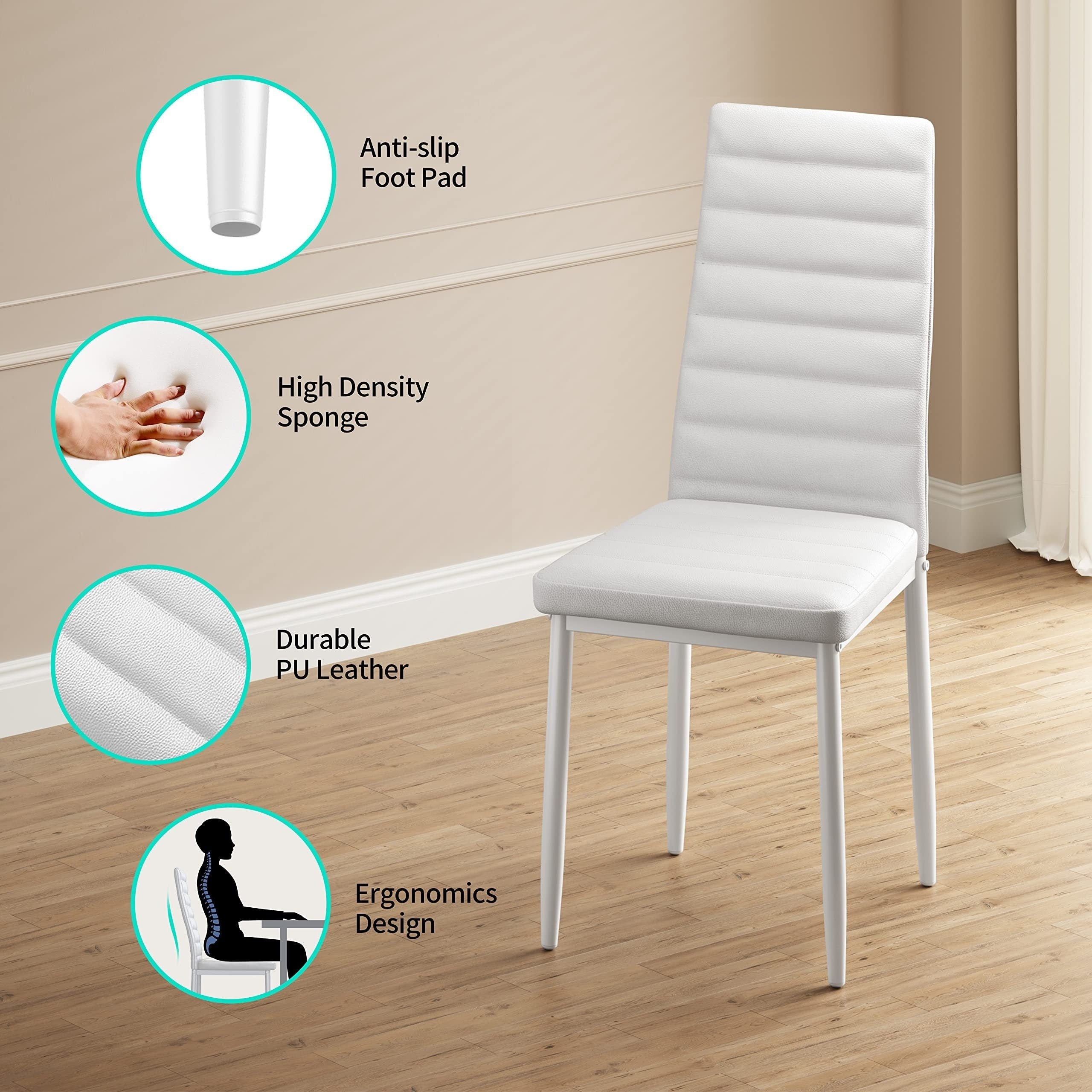 Set of 5 Glass Dining Table with Chairs for 4, Modern PU Leather Furniture for Home, Kitchen, And Living Room in White