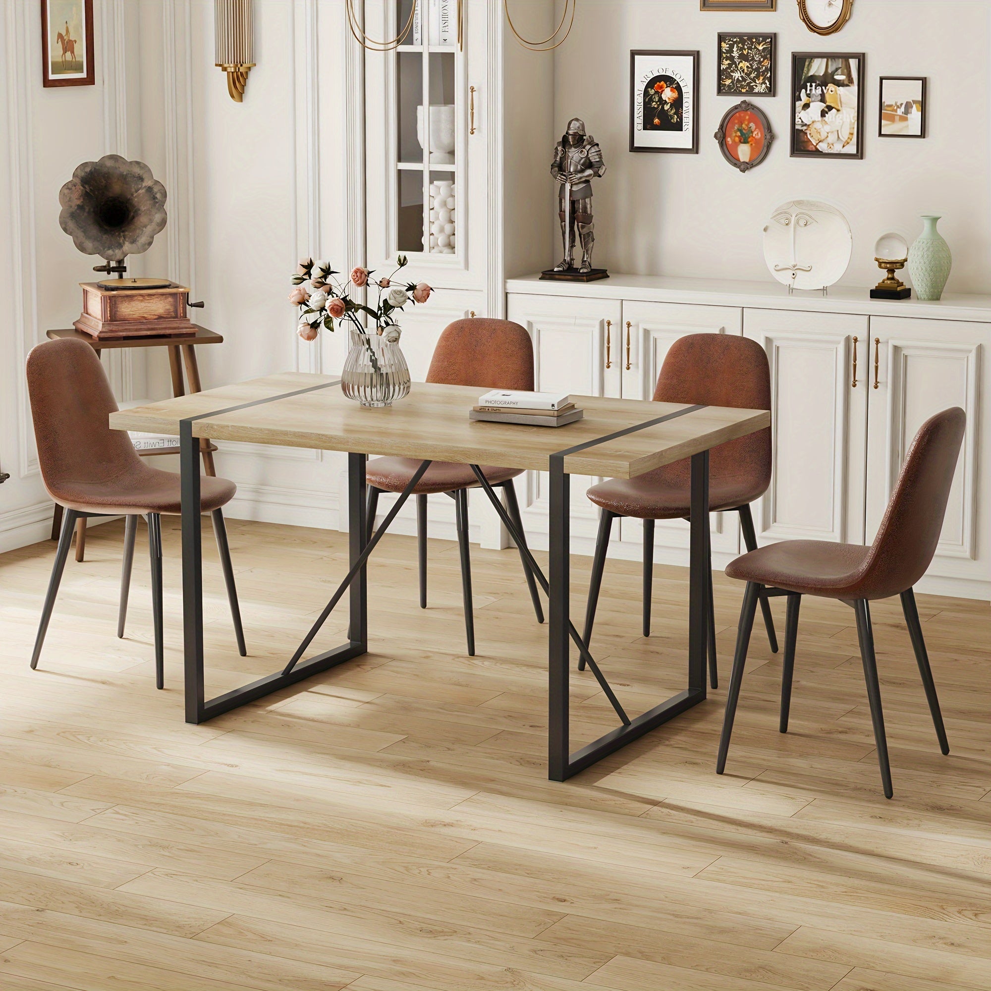 Dining Table Set, Kitchen Table And Chairs Set Of 4, Rustic Brown Table Top Breakfast Table Dining Side Chairs for Kitchen Dining Room, Modern Accent 4 Dining Chairs with Soft Linen Fabric Cushions. Furniture for Home