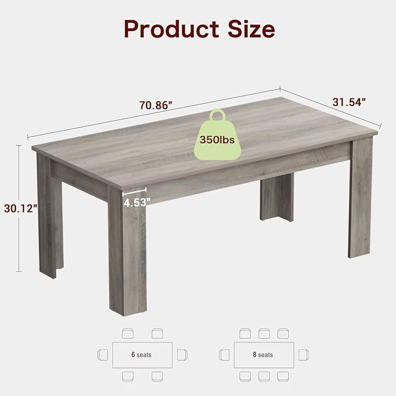 70.86-Inch Heavy Duty Farmhouse Dining Table for 6-8 People - Extra Long Rectangular Kitchen Table with Sturdy Legs & Thick Tabletop, Rustic Modern Design, Easy Assembly, Grey Finish, Space-Saving Large Dining Room Table for Big Families