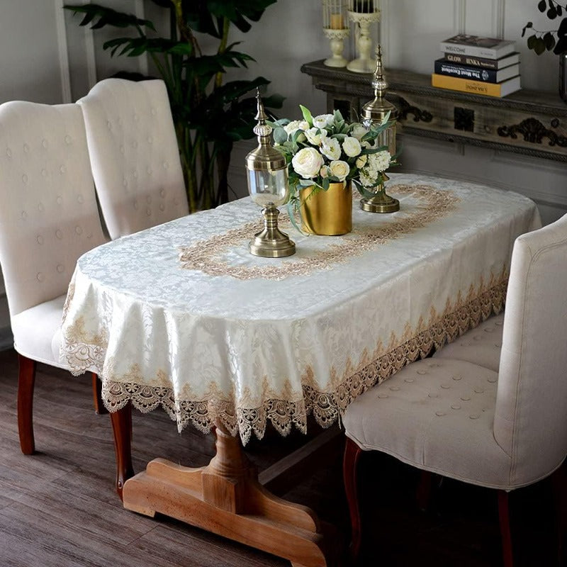 Lace Table Cloths Oval Fall Vintage Flower Decor Macrame Tablecloth | Handcrafted, Light Brown, 52 x 70 Inch for Outdoor Farmhouse Rustic Kitchen Party Birthday Picnic