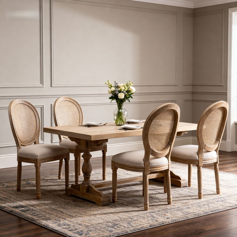 Set of 2 French Style Solid Wood Frame Linen Fabric Rattan Back Dining Chairs | Beige, Modern Style, Dry Clean Care
