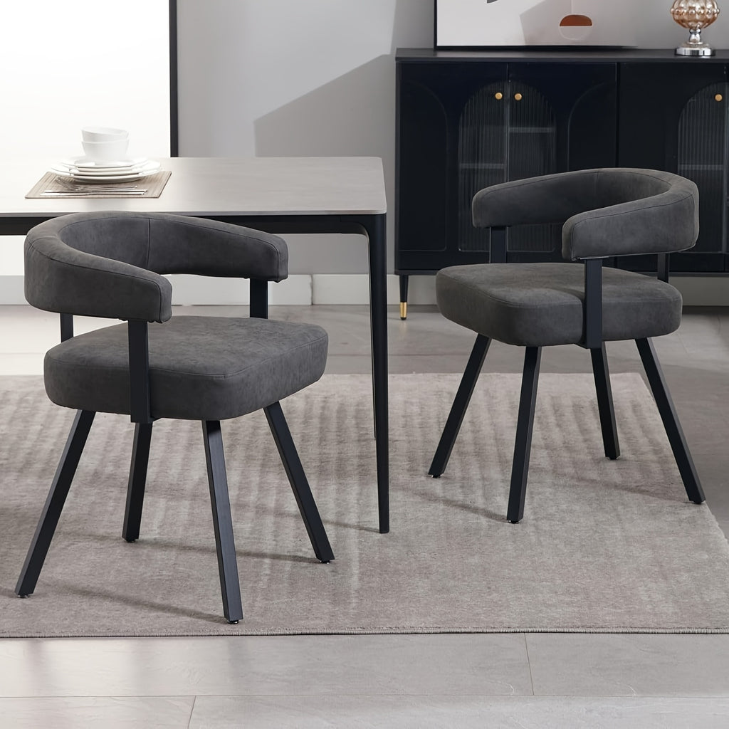 2Pcs Modern Simple and Elegant Bucket Shaped Dining Chairs, PU Chenille Cushioned Dining Chairs with Armrests, Comfortable Kitchen Chairs with Black Metal Legs, Suitable for Dining\u002F living Rooms