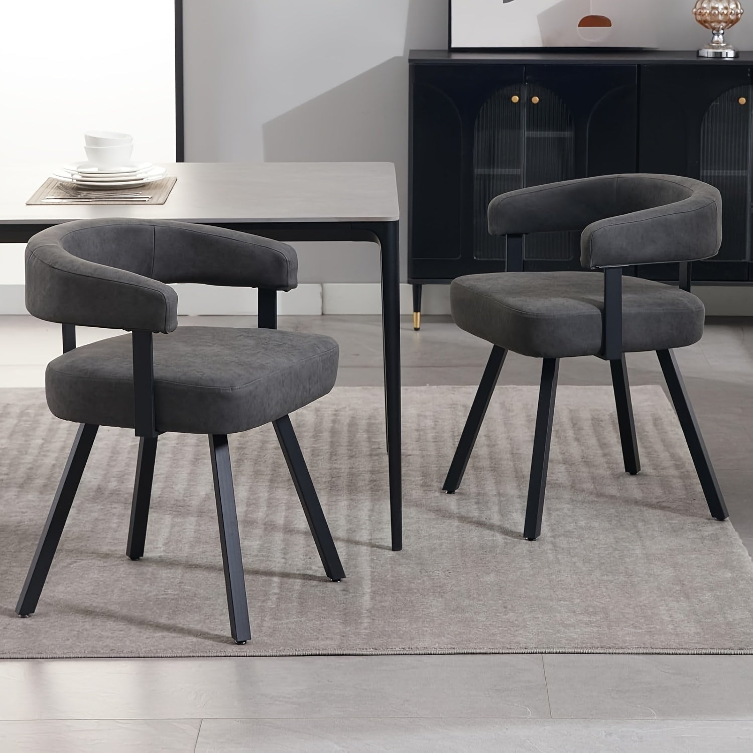 2Pcs Modern Simple and Elegant Bucket Shaped Dining Chairs, PU Chenille Cushioned Dining Chairs with Armrests, Comfortable Kitchen Chairs with Black Metal Legs, Suitable for Dining\u002F living Rooms