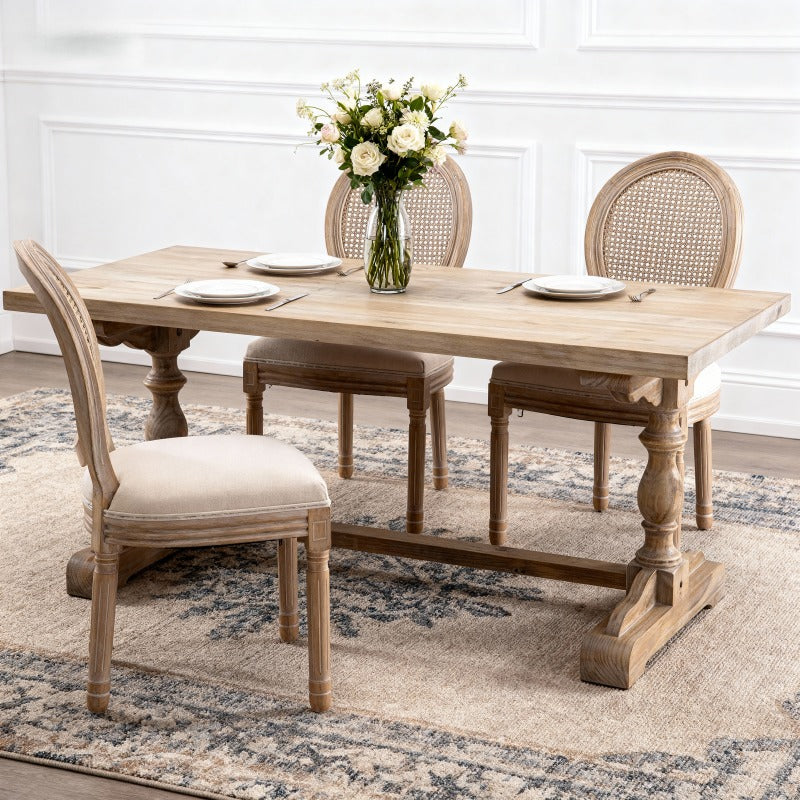 Set of 2 French Style Solid Wood Frame Linen Fabric Rattan Back Dining Chairs | Beige, Modern Style, Dry Clean Care