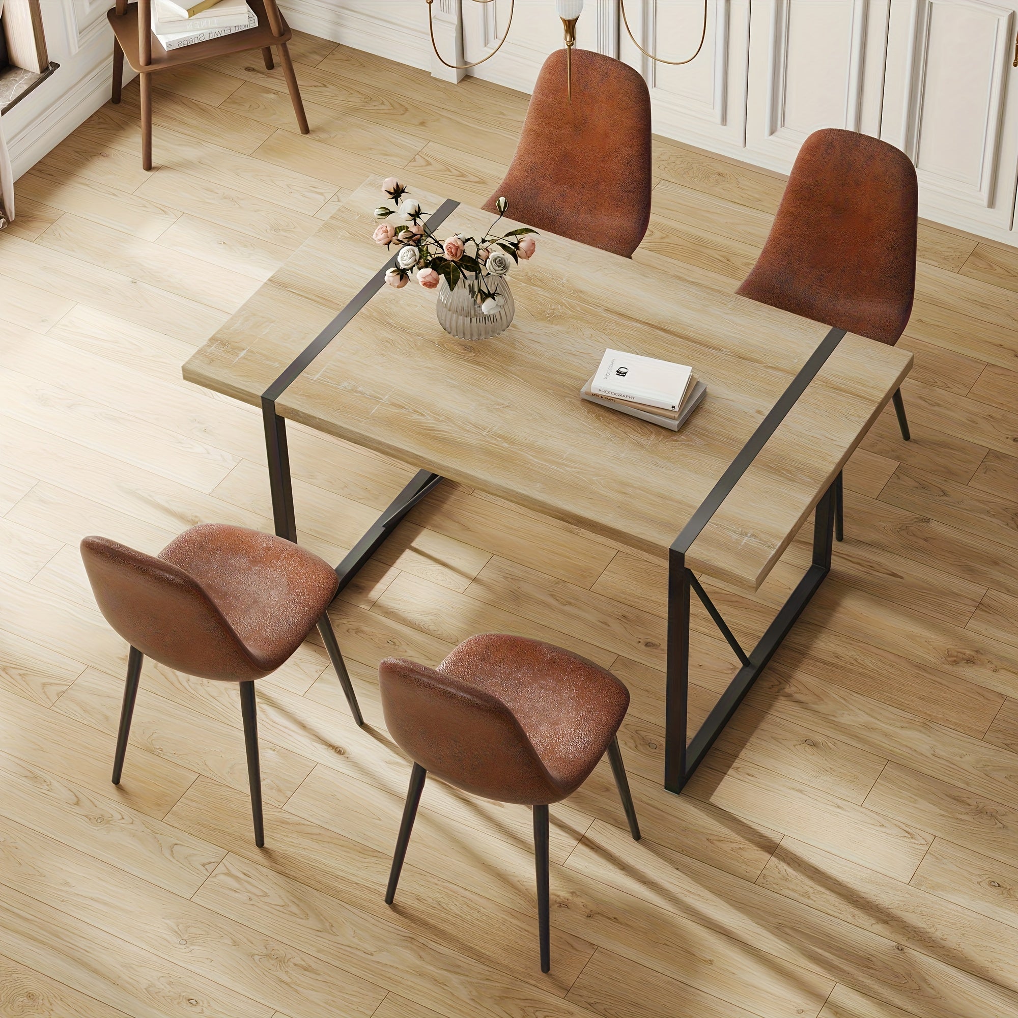 Dining Table Set, Kitchen Table And Chairs Set Of 4, Rustic Brown Table Top Breakfast Table Dining Side Chairs for Kitchen Dining Room, Modern Accent 4 Dining Chairs with Soft Linen Fabric Cushions. Furniture for Home