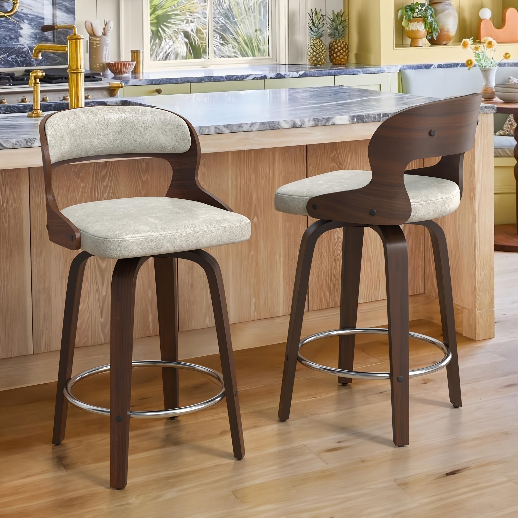 White\u002FBeige Dining Chair, 26-inch Faux Leather Swivel Dining Chair, 360° Swivel Dining Chair, With Backrest, Suitable For Kitchen, Living Room, Dining Room