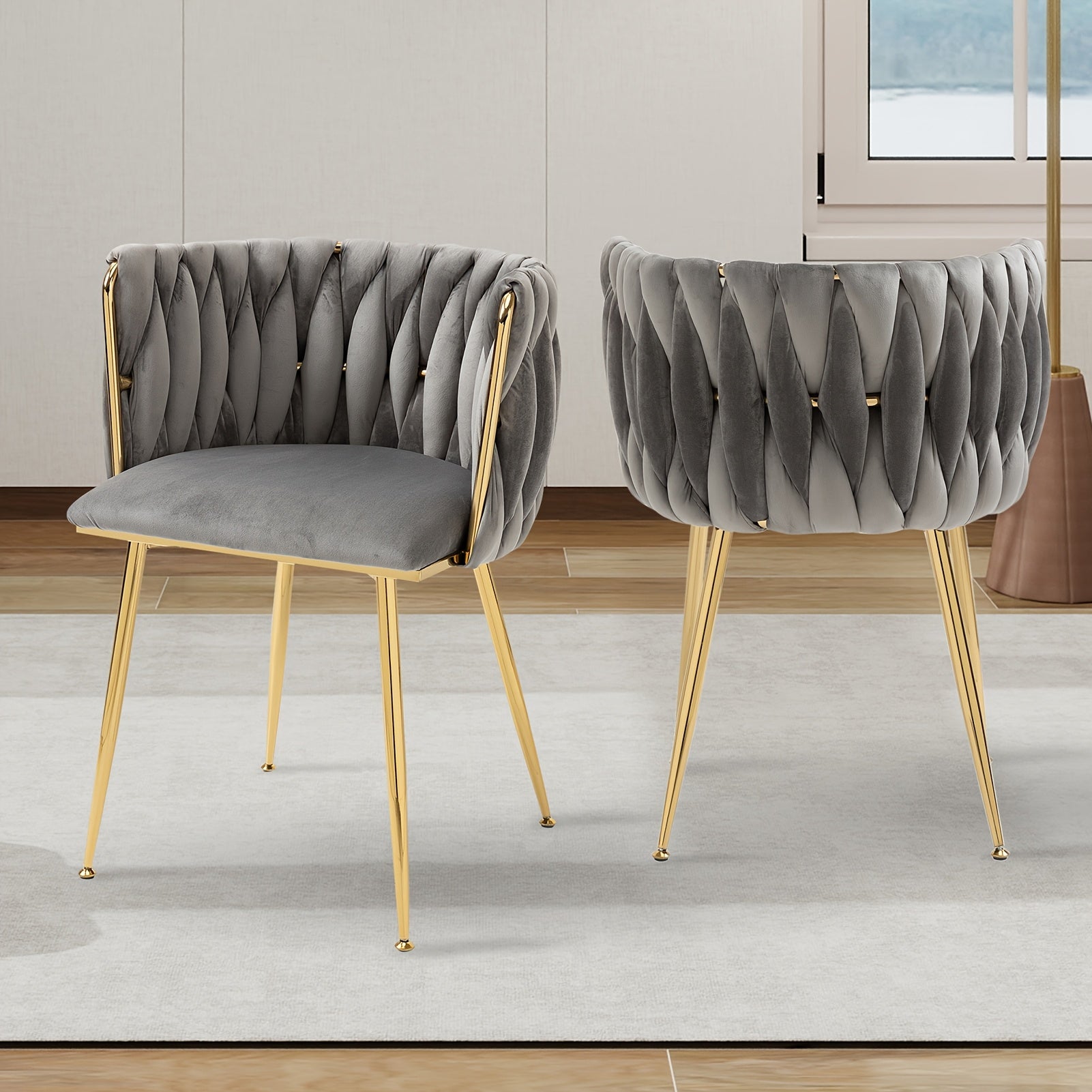 Velvet Dining Chairs Set of 2, Accent Chairs With Golden Metal Legs, Woven Upholstered, For Living Room\u002FBedroom\u002FKitchen