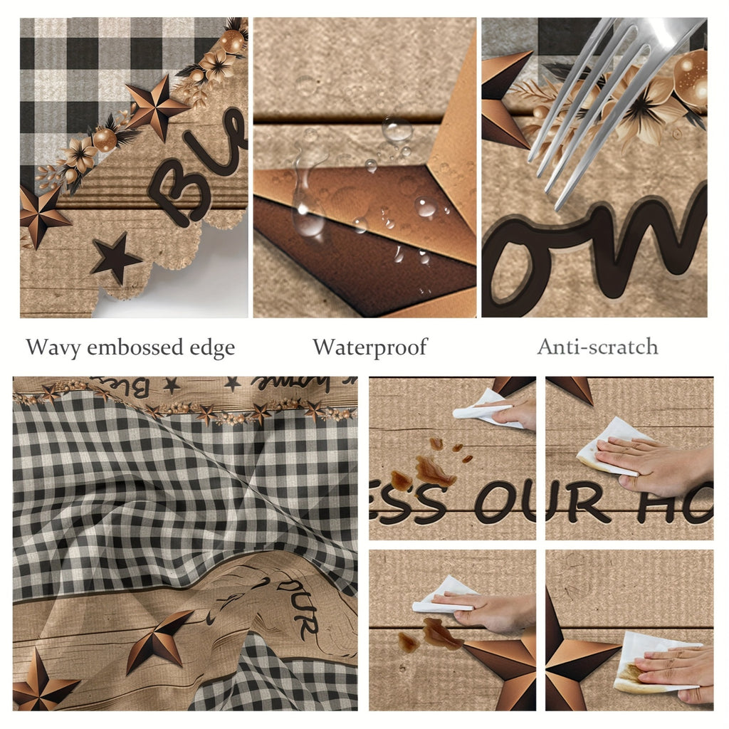1pc Farmhouse Style Vintage Country Star Black Plaid | Decorative Dining Cloth, Polyester, Round & Rectangular Tablecloth, Indoor\u002FOutdoor, Stain &, Wrinkle-Free, Easy Care, Edge Embossed, Washable, Suitable for Dinner Party, Wedding, Home