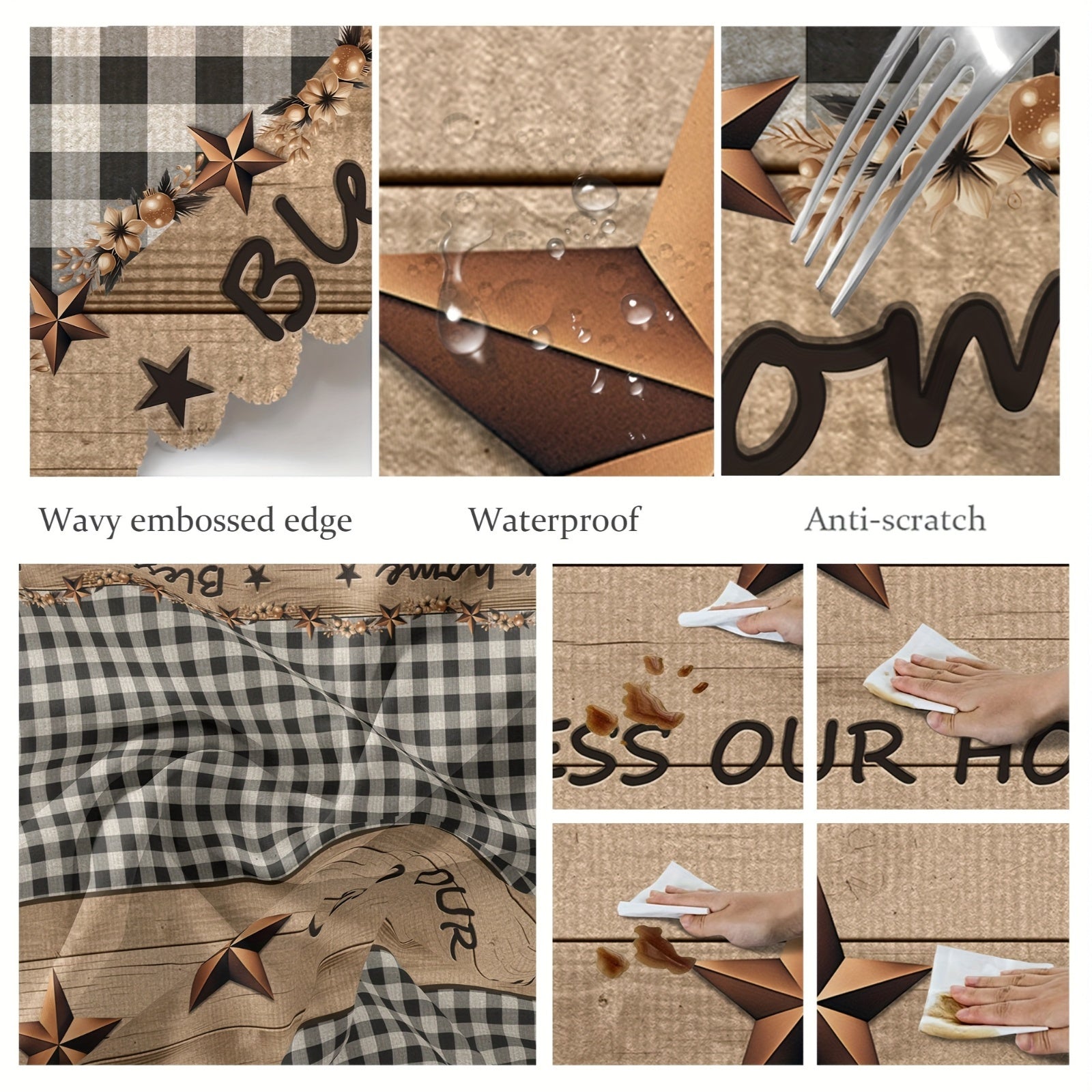 1pc Farmhouse Style Vintage Country Star Black Plaid | Decorative Dining Cloth, Polyester, Round & Rectangular Tablecloth, Indoor\u002FOutdoor, Stain &, Wrinkle-Free, Easy Care, Edge Embossed, Washable, Suitable for Dinner Party, Wedding, Home