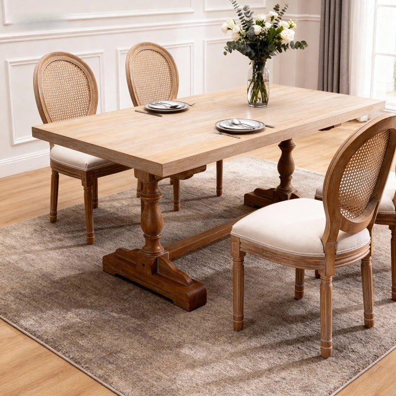 Set of 2 French Style Solid Wood Frame Linen Fabric Rattan Back Dining Chairs | Beige, Modern Style, Dry Clean Care