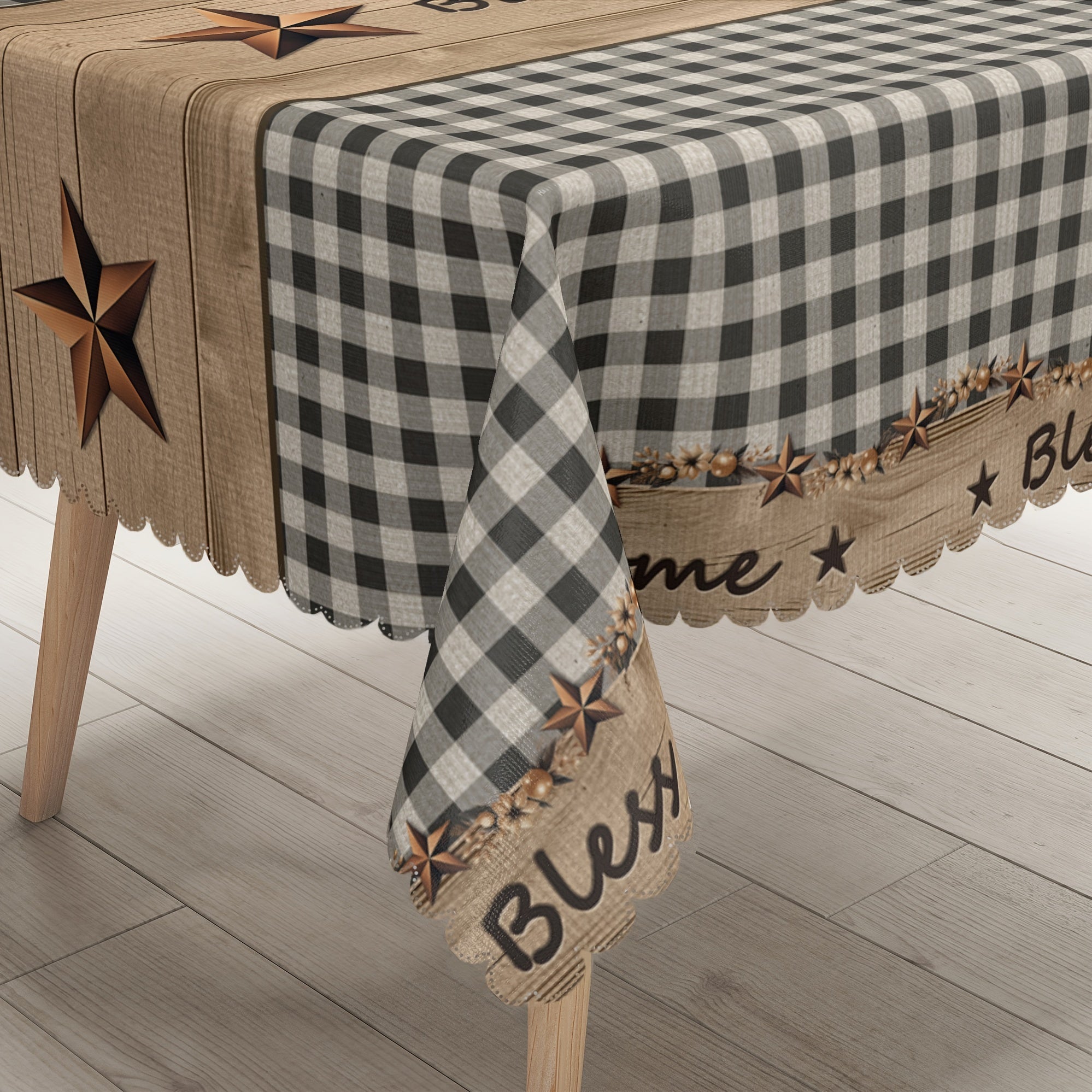 1pc Farmhouse Style Vintage Country Star Black Plaid | Decorative Dining Cloth, Polyester, Round & Rectangular Tablecloth, Indoor\u002FOutdoor, Stain &, Wrinkle-Free, Easy Care, Edge Embossed, Washable, Suitable for Dinner Party, Wedding, Home