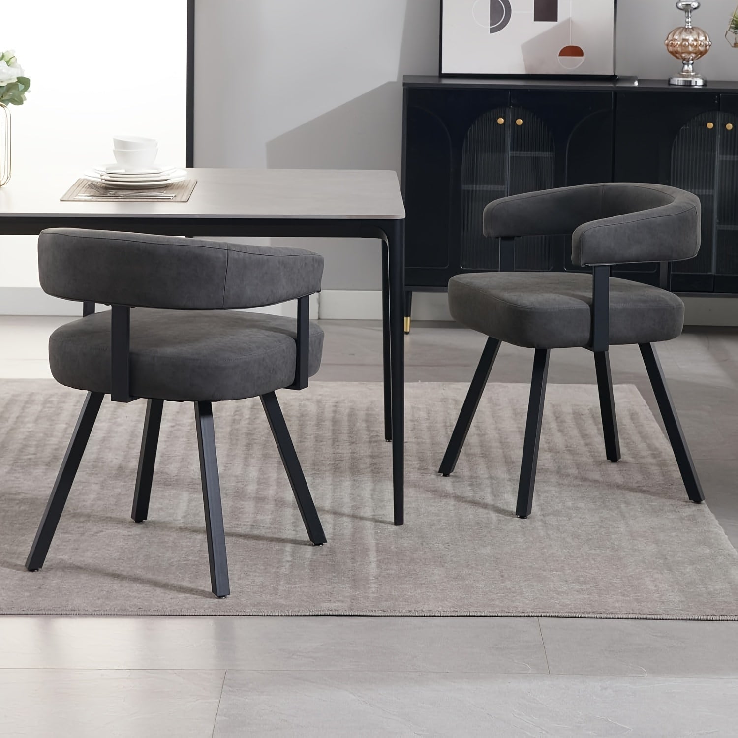 2Pcs Modern Simple and Elegant Bucket Shaped Dining Chairs, PU Chenille Cushioned Dining Chairs with Armrests, Comfortable Kitchen Chairs with Black Metal Legs, Suitable for Dining\u002F living Rooms