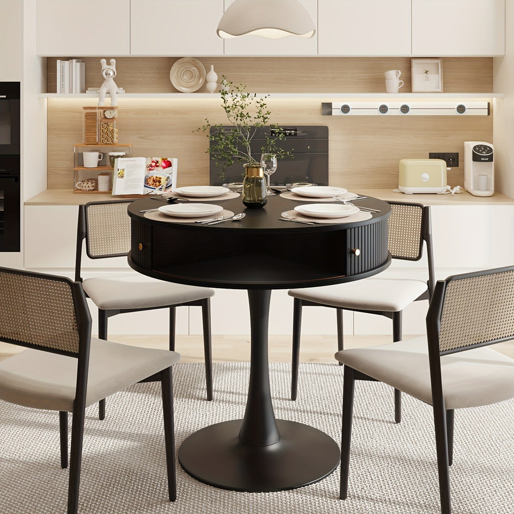 31.5-inch Round Dining Table | Suitable for 2-3 People, Farmhouse-style Wooden Kitchen Table with Mid-century Modern Design, Metal Base, Two Sliding Doors, Four Hidden Storage Compartments, Ideal for Small Spaces, Apartments, Cafes
