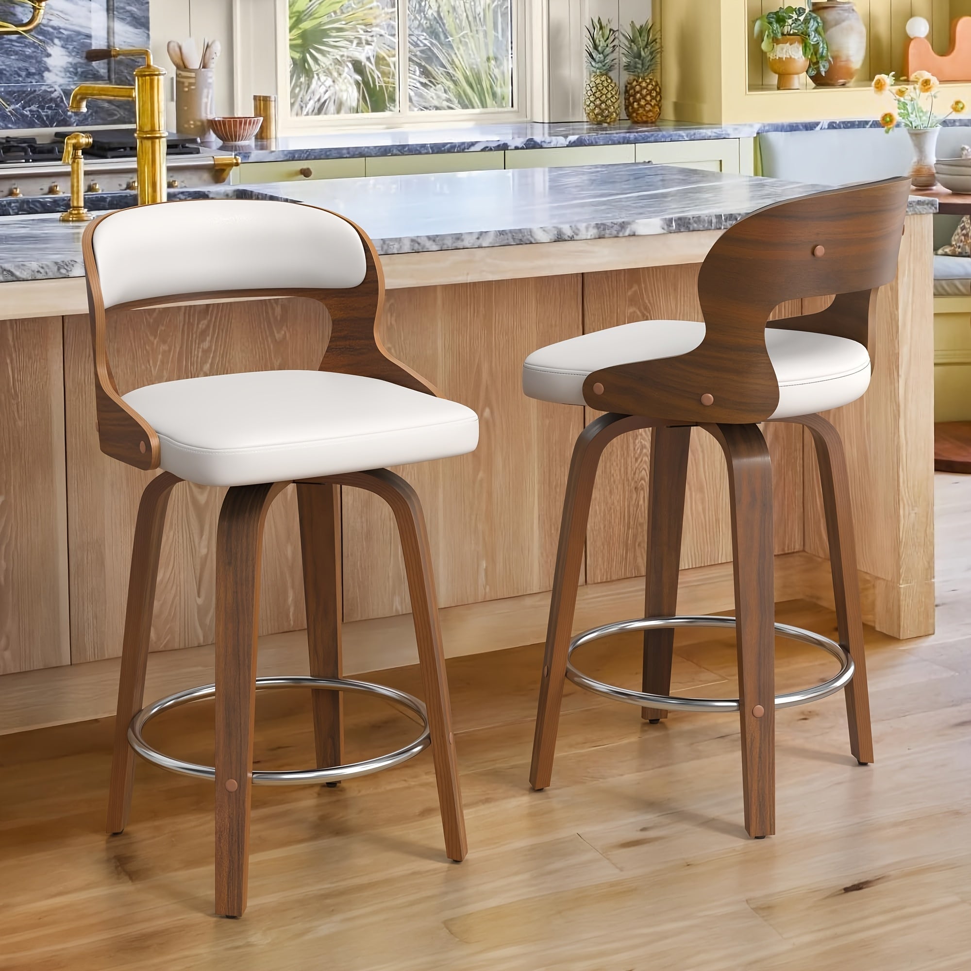 White\u002FBeige Dining Chair, 26-inch Faux Leather Swivel Dining Chair, 360° Swivel Dining Chair, With Backrest, Suitable For Kitchen, Living Room, Dining Room