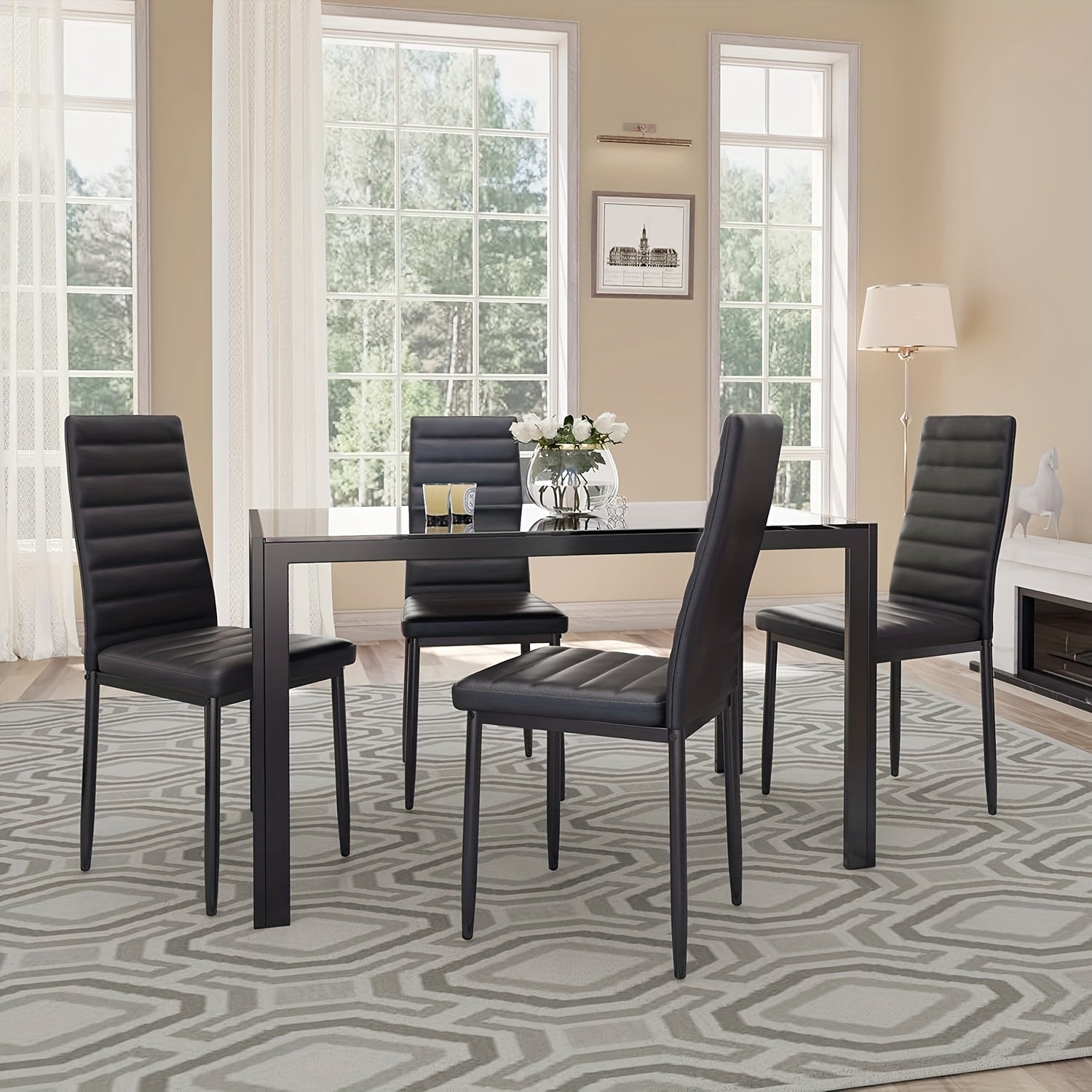 Set of 5 Glass Dining Table with Chairs for 4, Modern PU Leather Furniture for Home, Kitchen, And Living Room in White