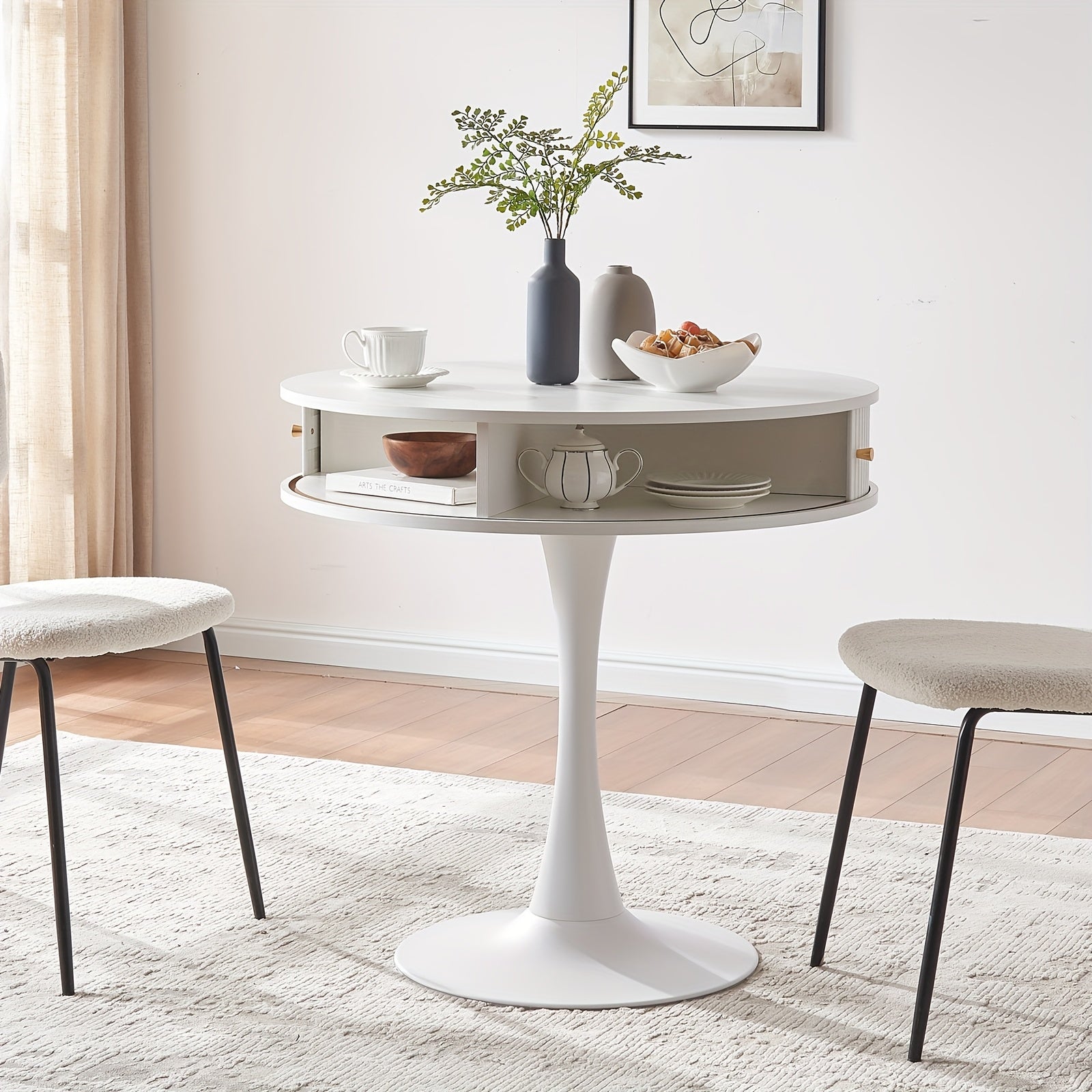 31.5-inch Round Dining Table | Suitable for 2-3 People, Farmhouse-style Wooden Kitchen Table with Mid-century Modern Design, Metal Base, Two Sliding Doors, Four Hidden Storage Compartments, Ideal for Small Spaces, Apartments, Cafes