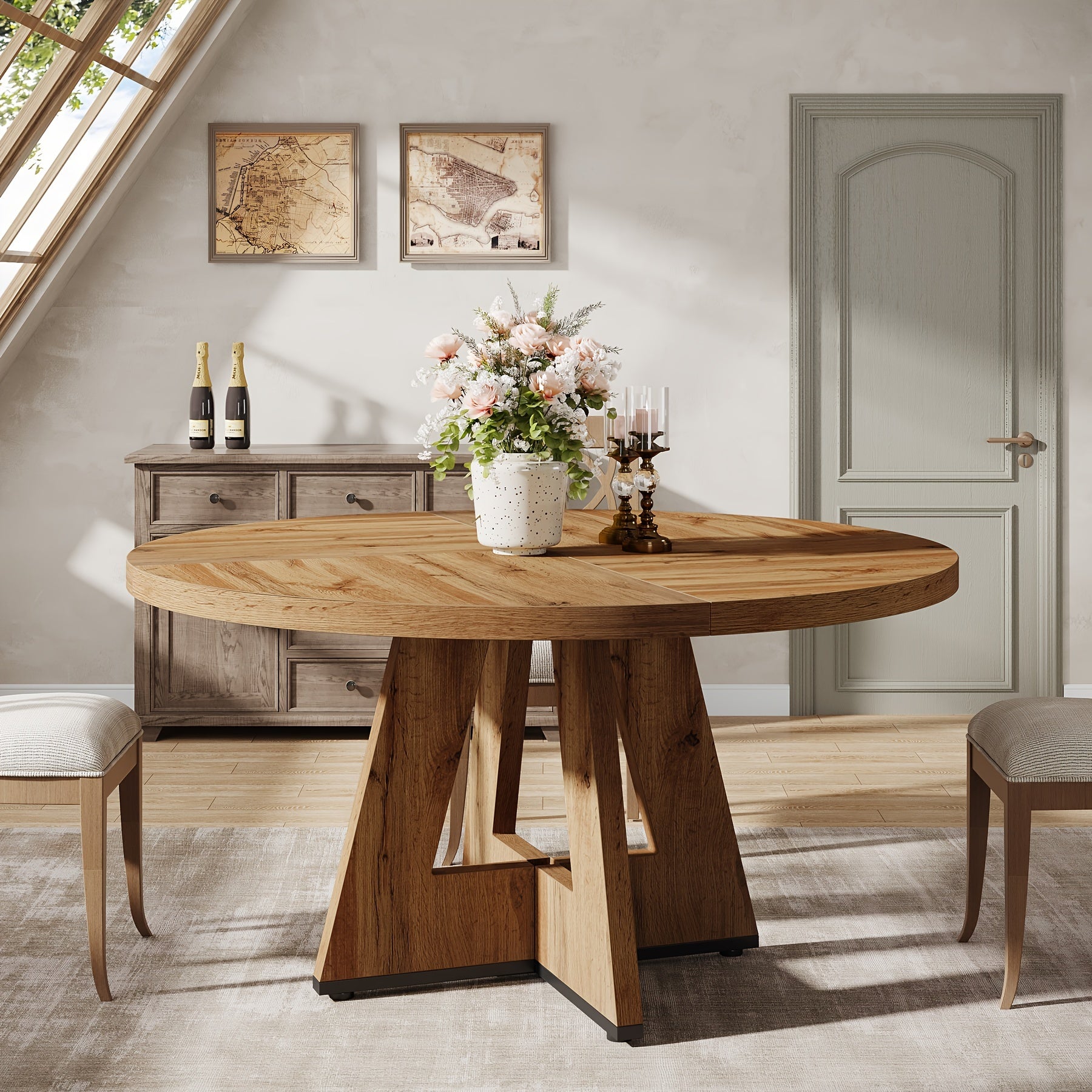 47-Inch Round Farmhouse Dining Table Suitable for 4 - Rustic Wood Table with Heavy-Duty Metal Base, MDF Top & Wood - Assembly Countryside Dinner Table, Dining Room or \u002FOutdoor Use