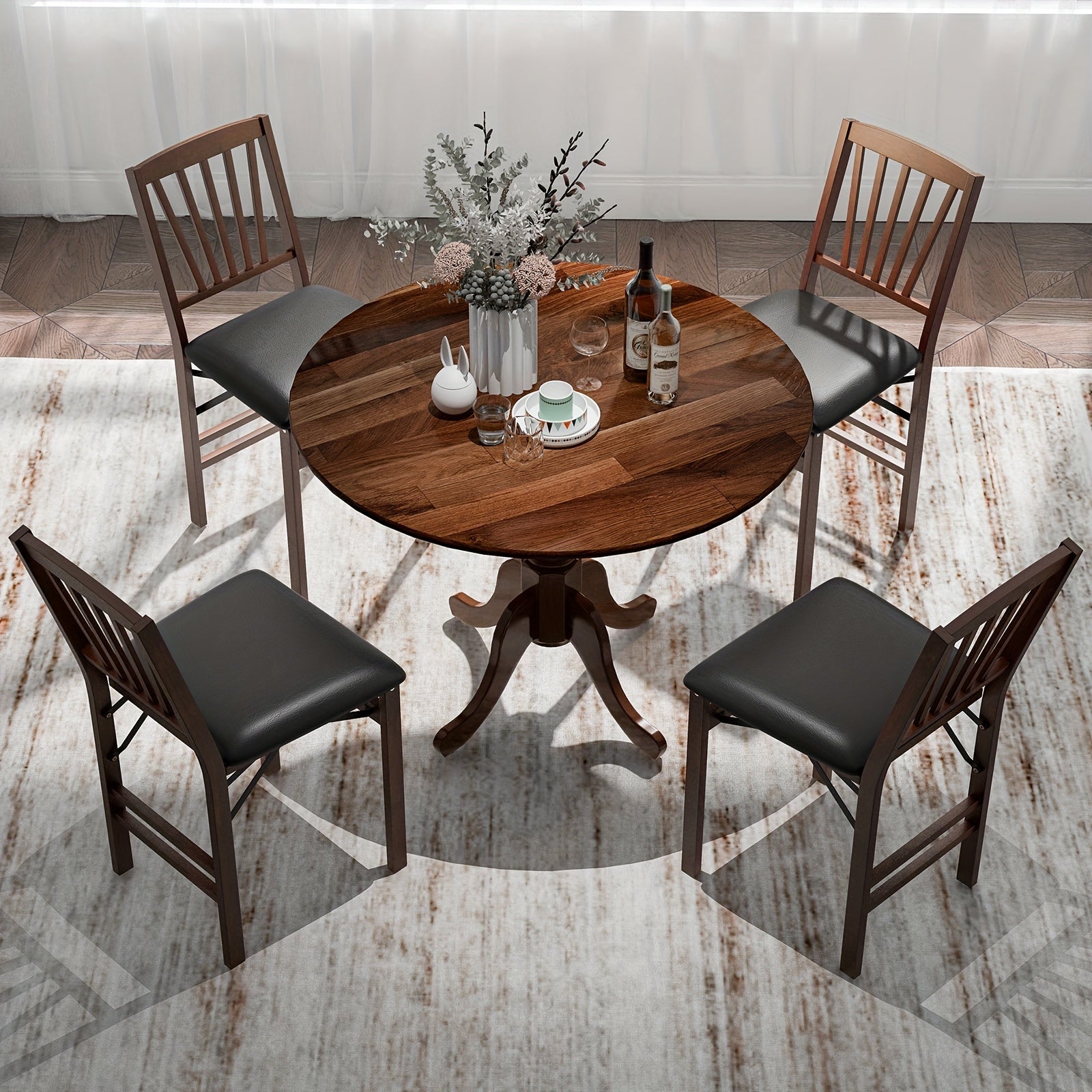 1pc MULTIGOT Mid-Century Rustic Round Dining Table, 4-Seater Solid Rubber Wood Frame with Curved Trestle Legs and Adjustable Foot Pads for Kitchen, Dining Room, Living Room