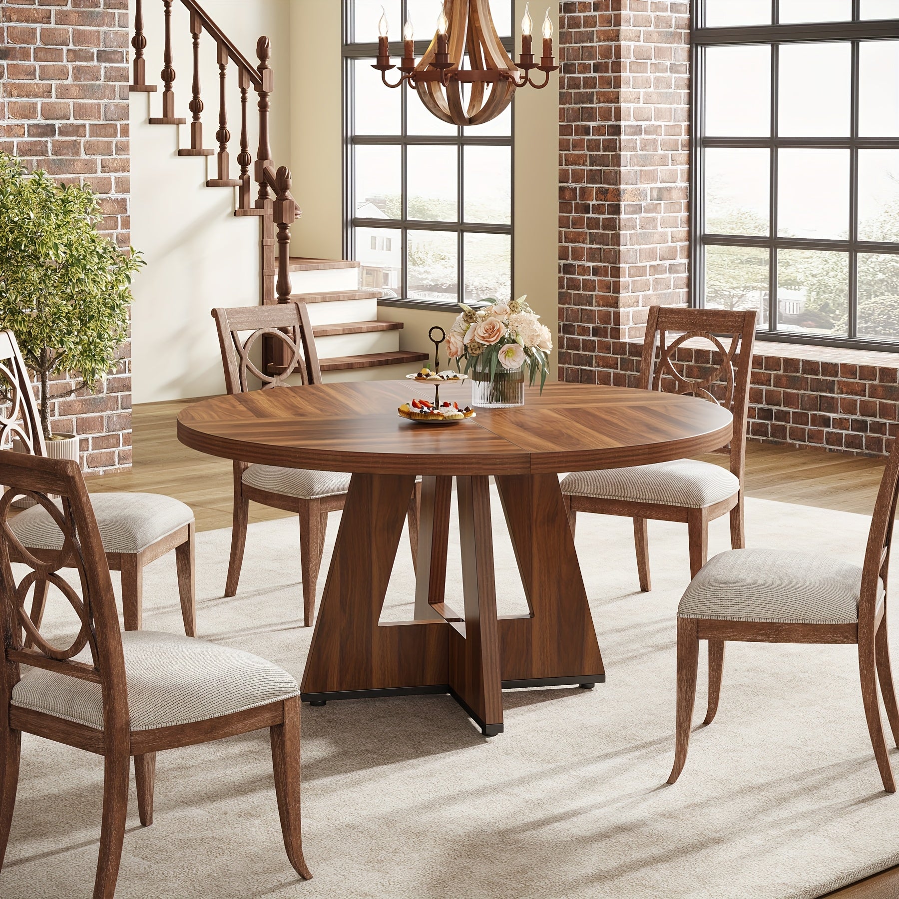 47-Inch Round Farmhouse Dining Table Suitable for 4 - Rustic Wood Table with Heavy-Duty Metal Base, MDF Top & Wood - Assembly Countryside Dinner Table, Dining Room or \u002FOutdoor Use
